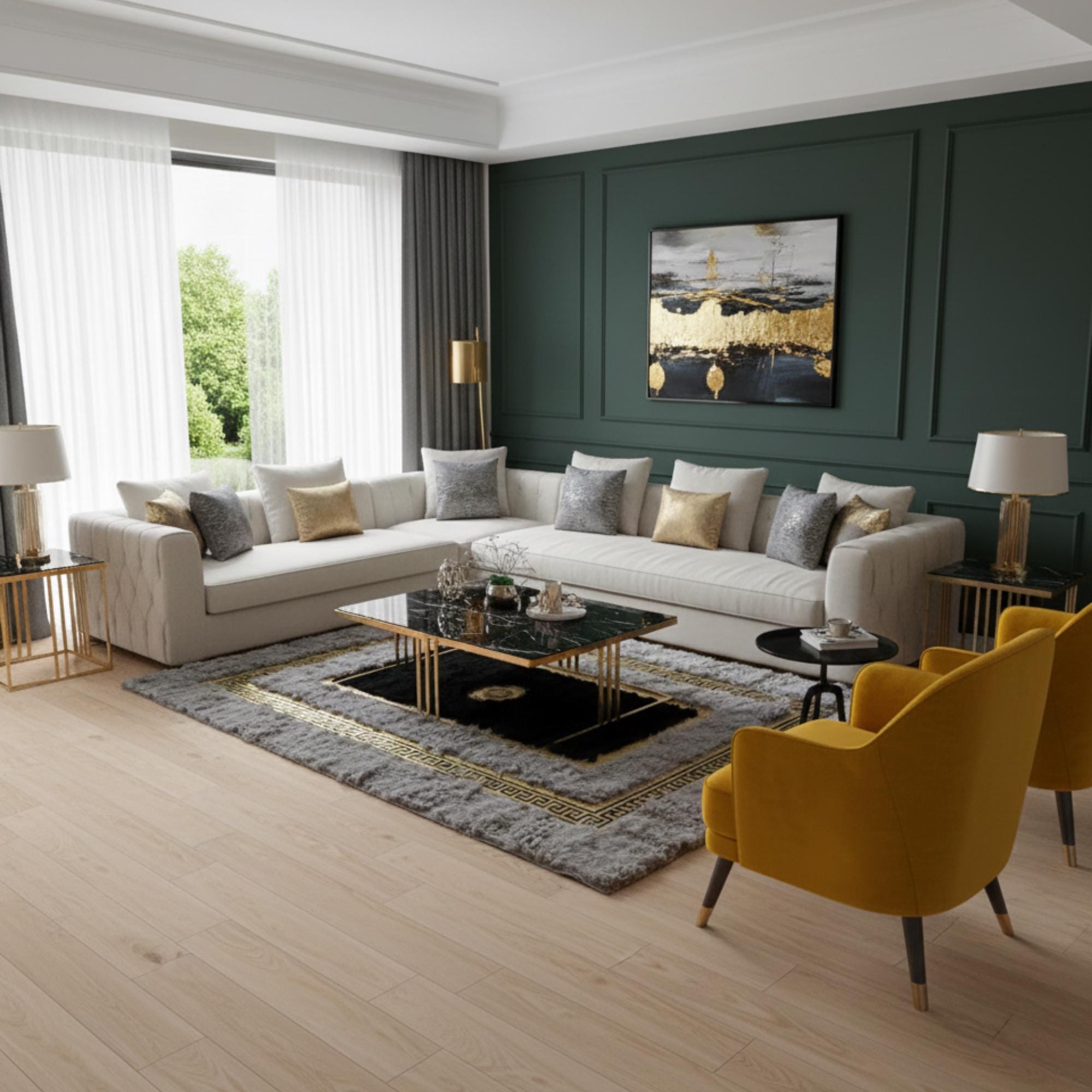 Altın Bordürlü Gri Toscana Kürk Halı – Şık ve Prestijli Salon Tasarımı