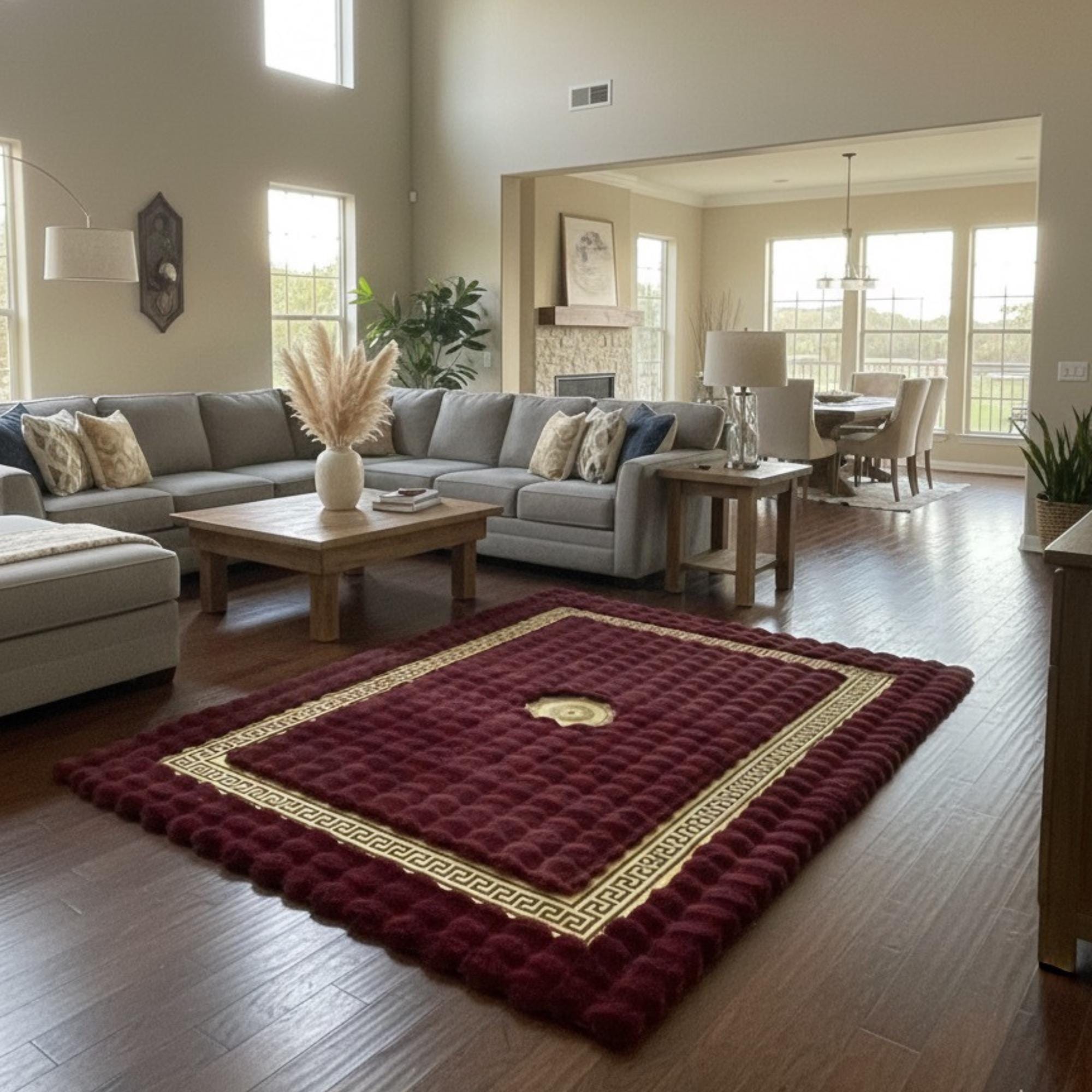 Bordo Zeminli Altın Çerçeveli Peluş Halı – Yumuşak Dokulu, Şık ve Dekoratif Halı