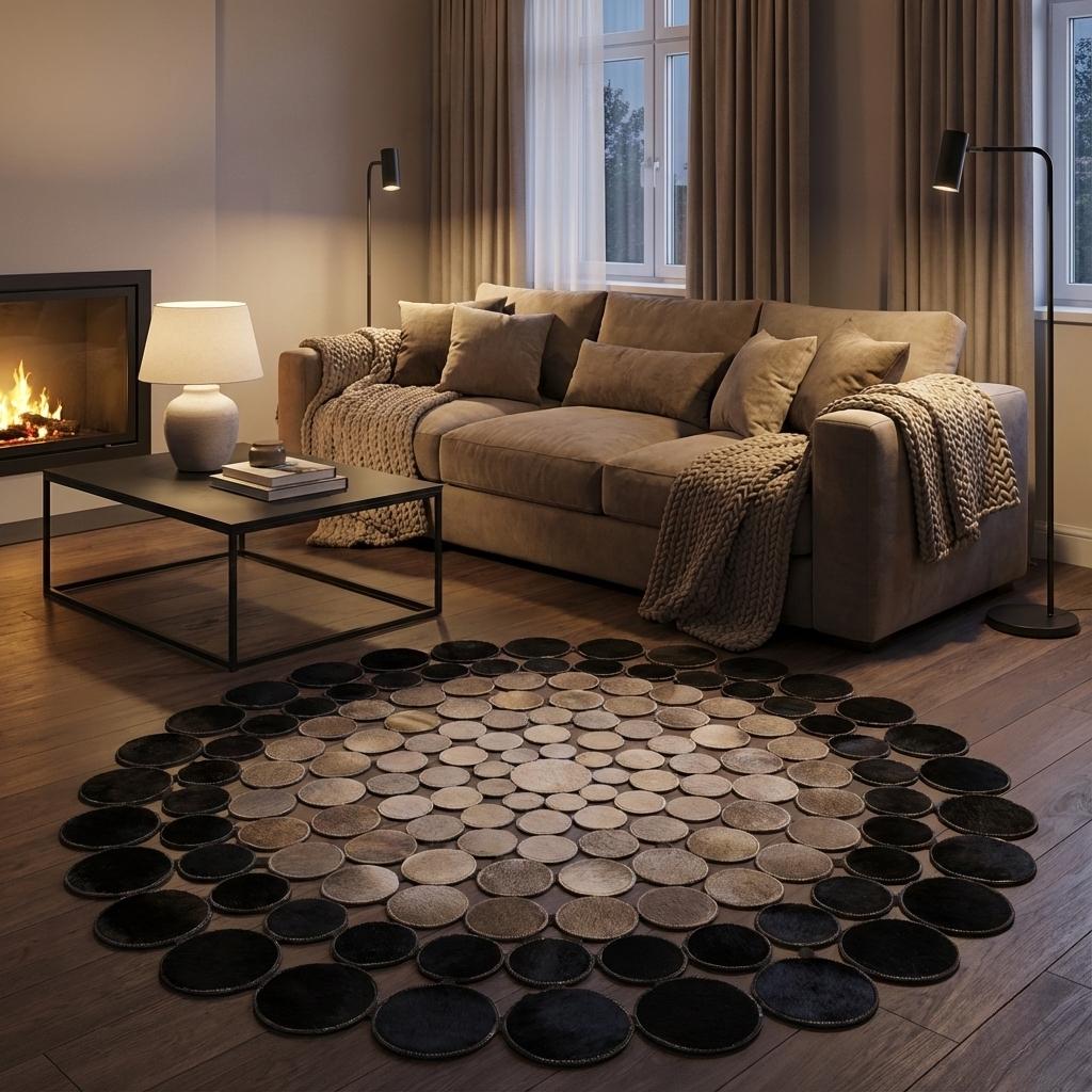 Siyah ve Krem Renkli Yuvarlak Dana Derisi Patchwork Halı – El Yapımı, Doğal Deri ve Dekoratif Halı