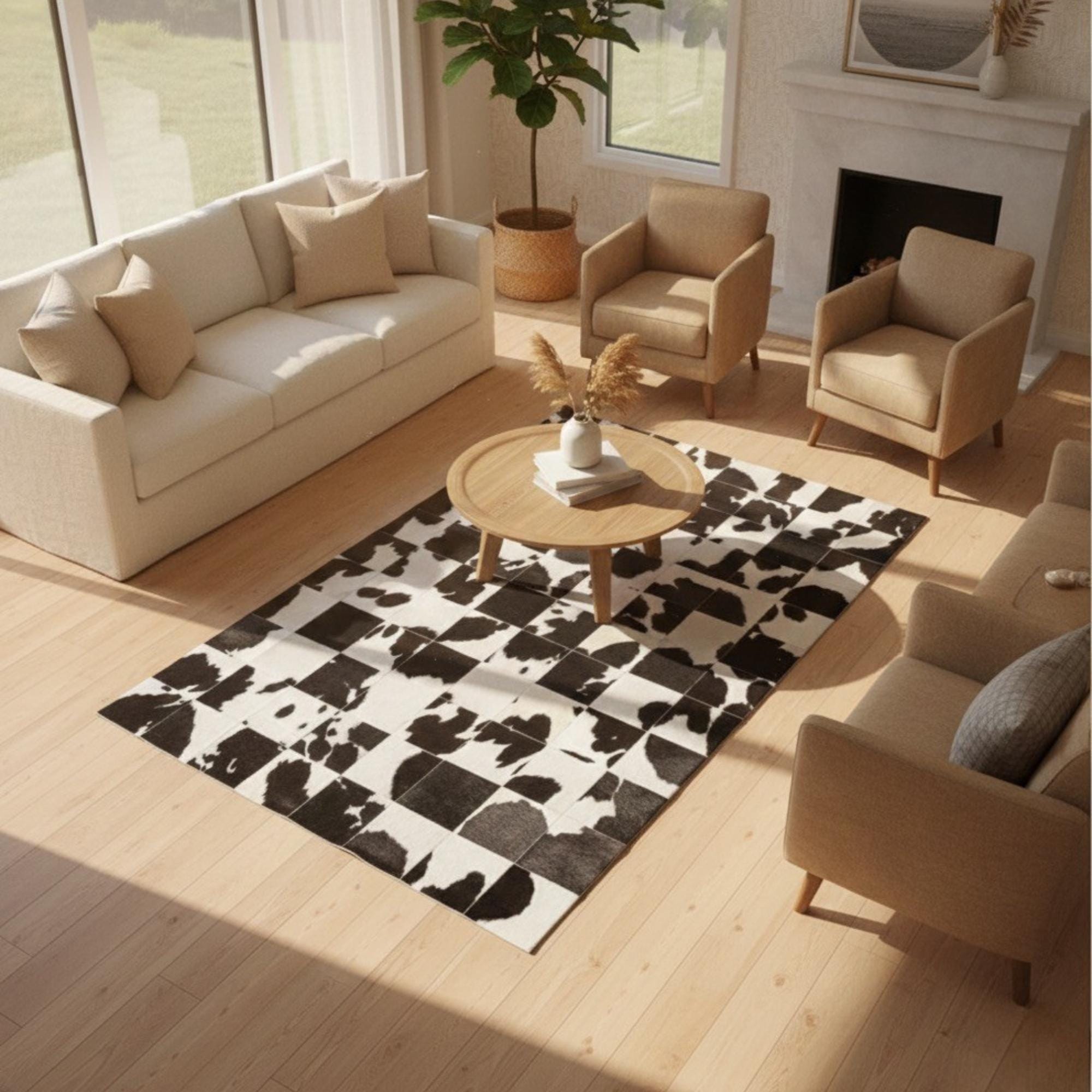 Bej Zeminli Siyah ve Kahverengi Desenli Dana Derisi Patchwork Halı