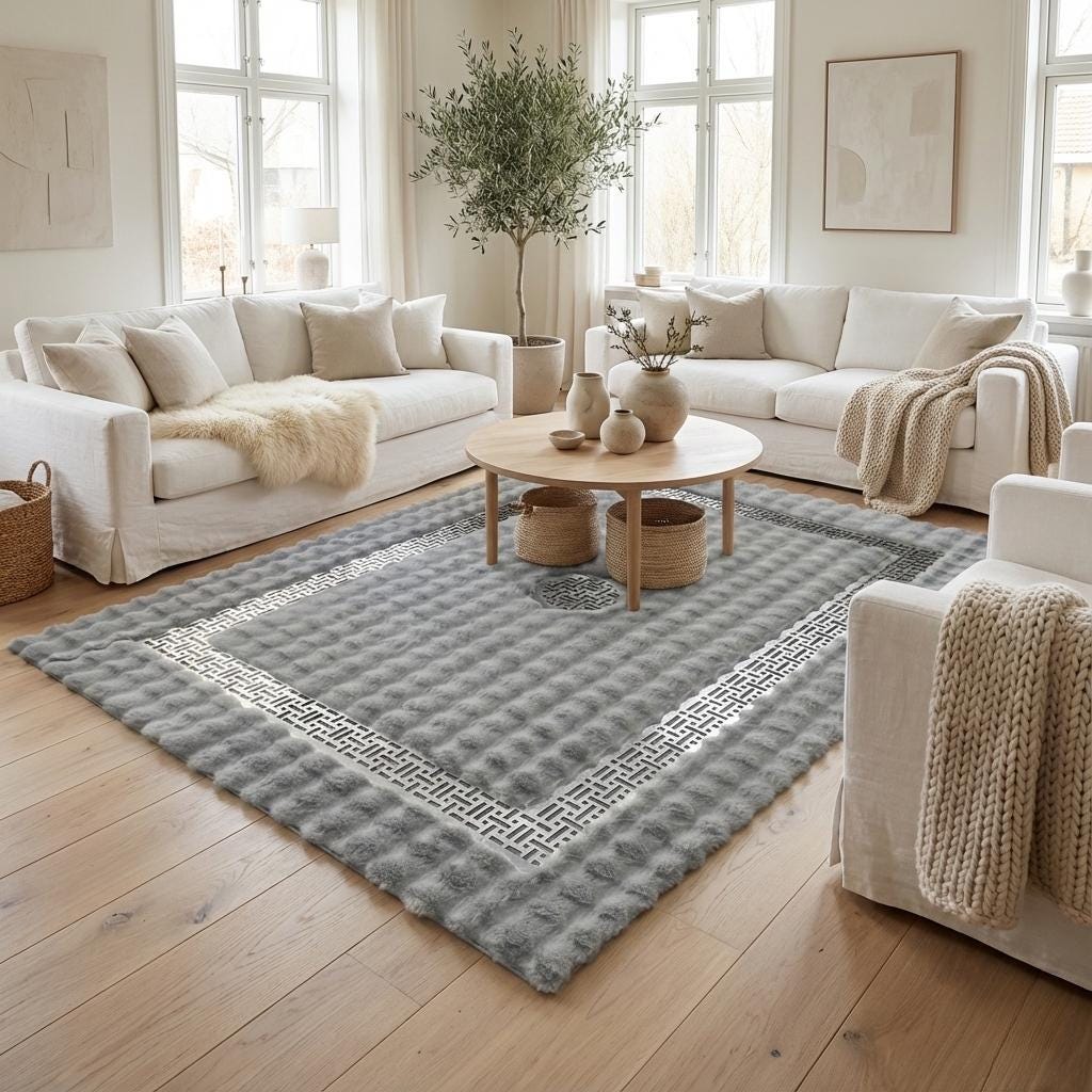 Gri ve Gümüş, Silver Tonlu Bordür Detaylı Peluş Halı