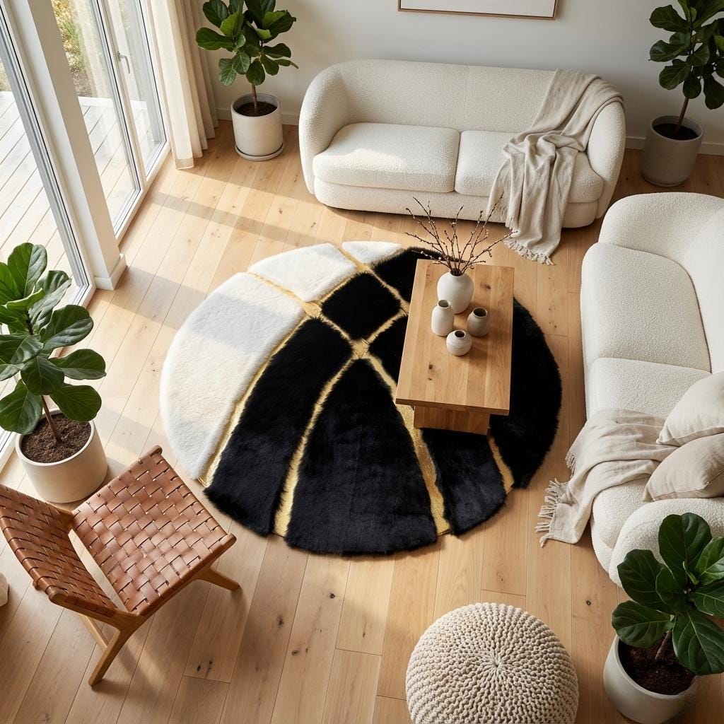 Siyah, Beyaz Zeminli Altın Çizgili Yuvarlak Peluş Halı