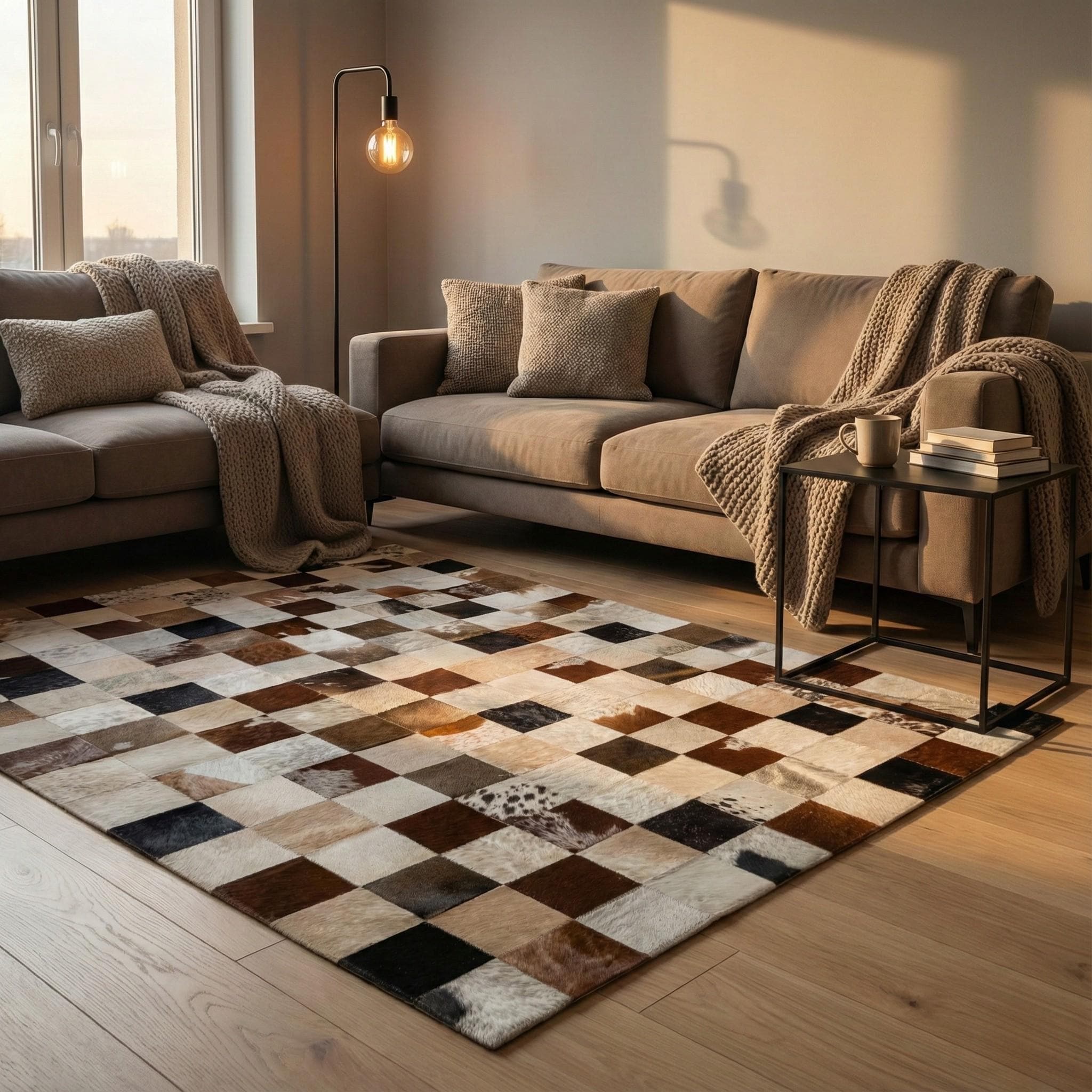 Kahverengi, Siyah ve Beyaz Tonlu Dana Derisi Patchwork Halı – El Yapımı Doğal Deri Dekoratif Halı