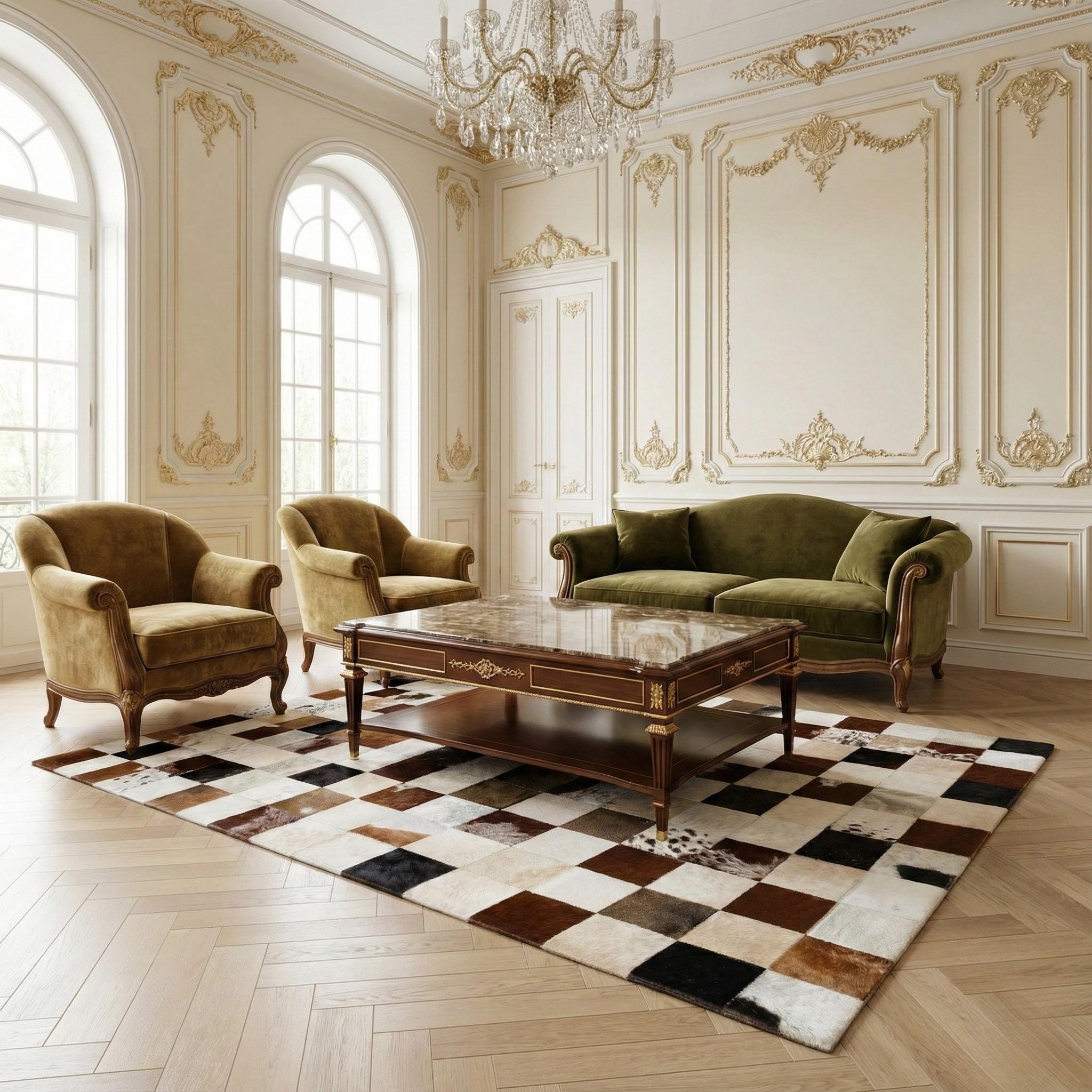 Kahverengi, Siyah ve Beyaz Tonlu Dana Derisi Patchwork Halı – El Yapımı Doğal Deri Dekoratif Halı