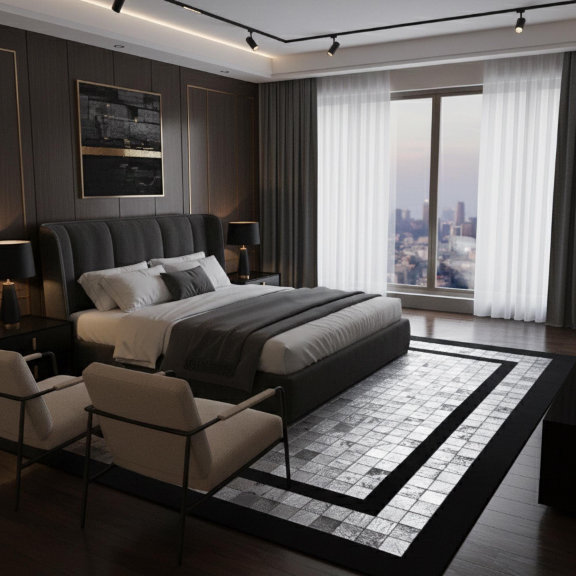 Siyah Çerçeveli Gri, Silver Tonlu Dana Derisi Patchwork Halı – El Yapımı Doğal Deri Dekoratif Halı