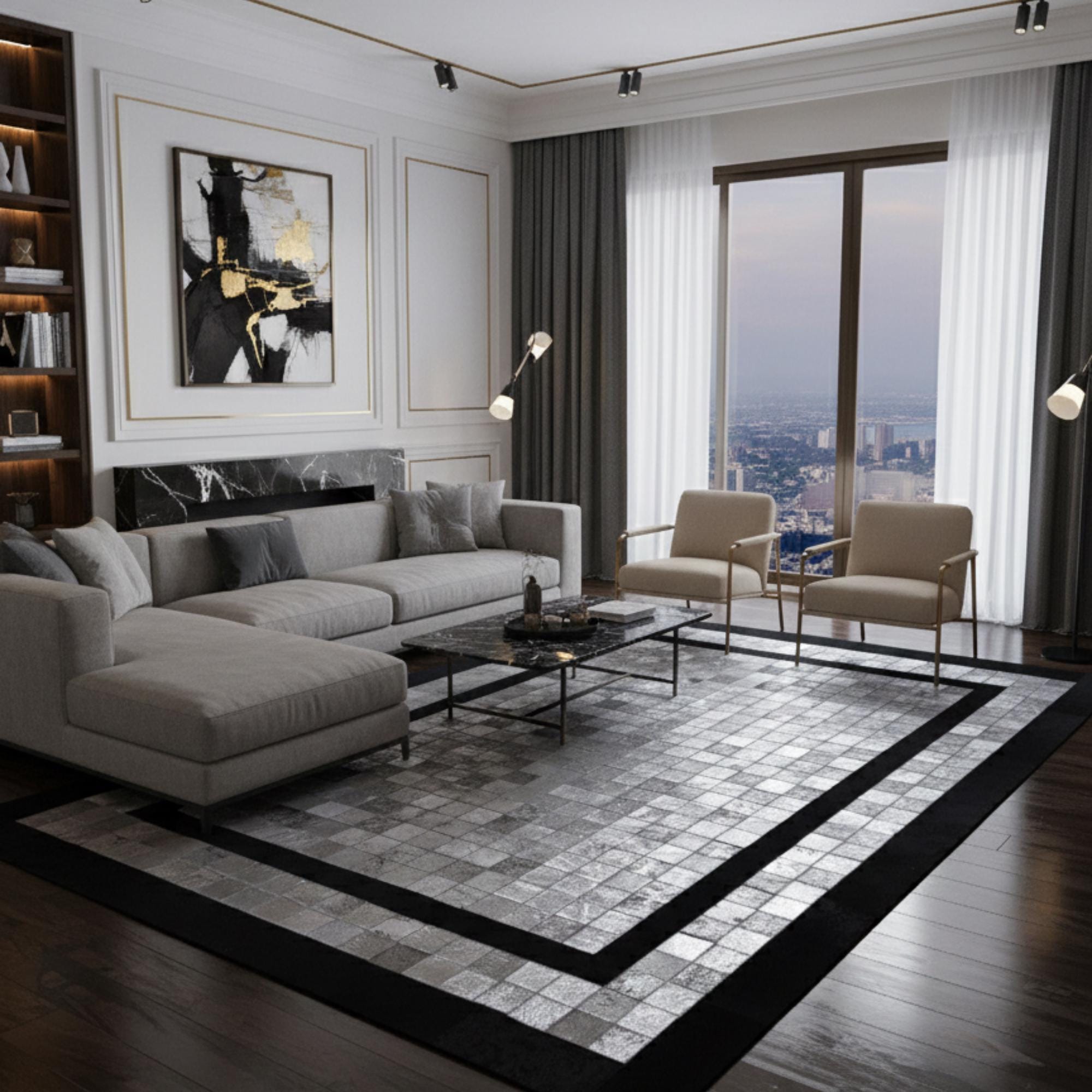 Siyah Çerçeveli Gri, Silver Tonlu Dana Derisi Patchwork Halı – El Yapımı Doğal Deri Dekoratif Halı