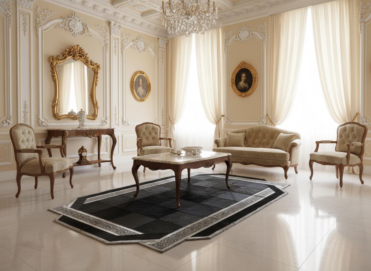 Siyah ve Gri Tonlu Bordürlü Dana Derisi Patchwork Halı – El Yapımı Doğal Deri Dekoratif Halı