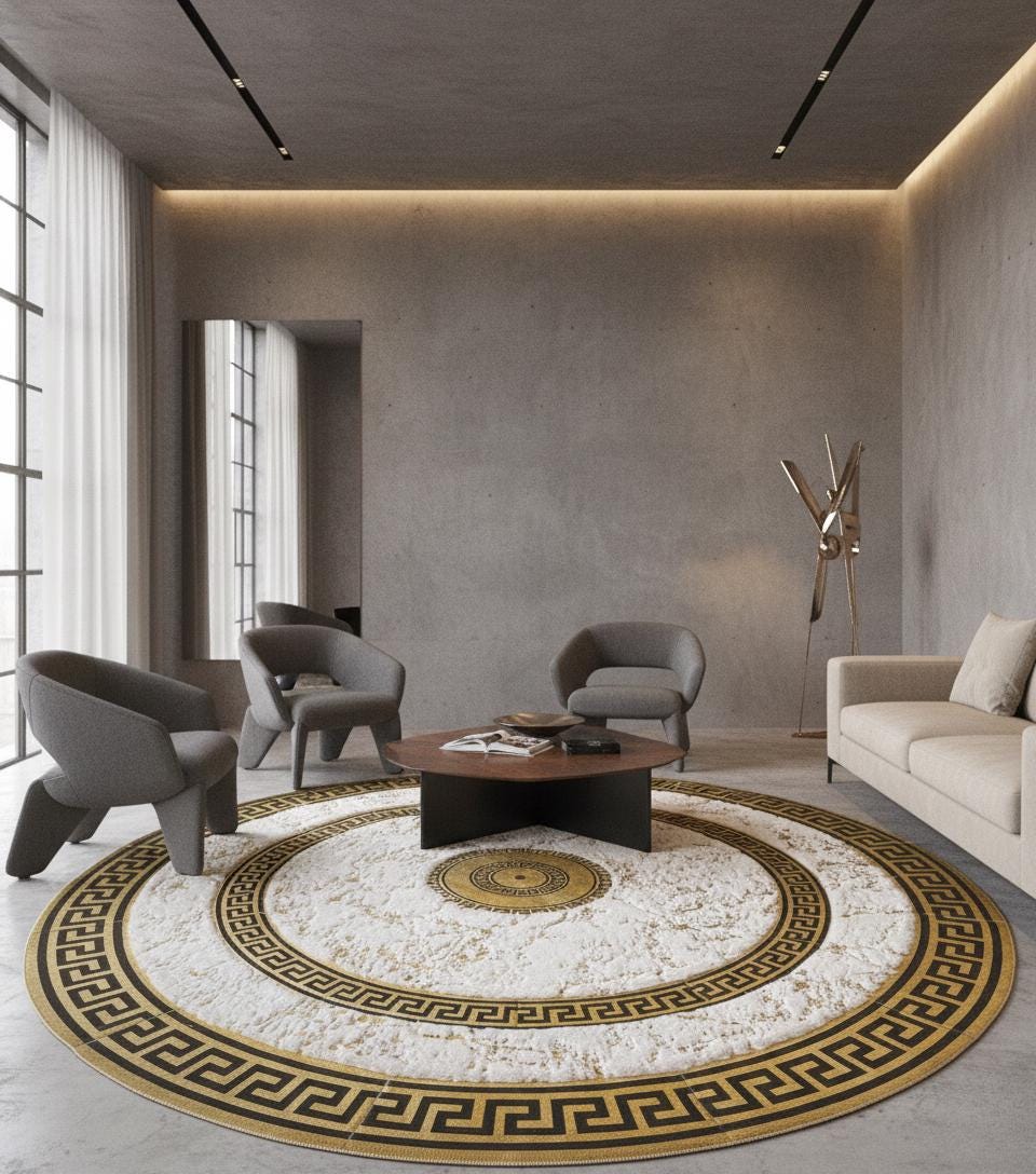 Beyaz Zeminli Altın Bordürlü Yuvarlak Peluş Halı – Yumuşak Dokulu, Zarif ve Dekoratif Halı