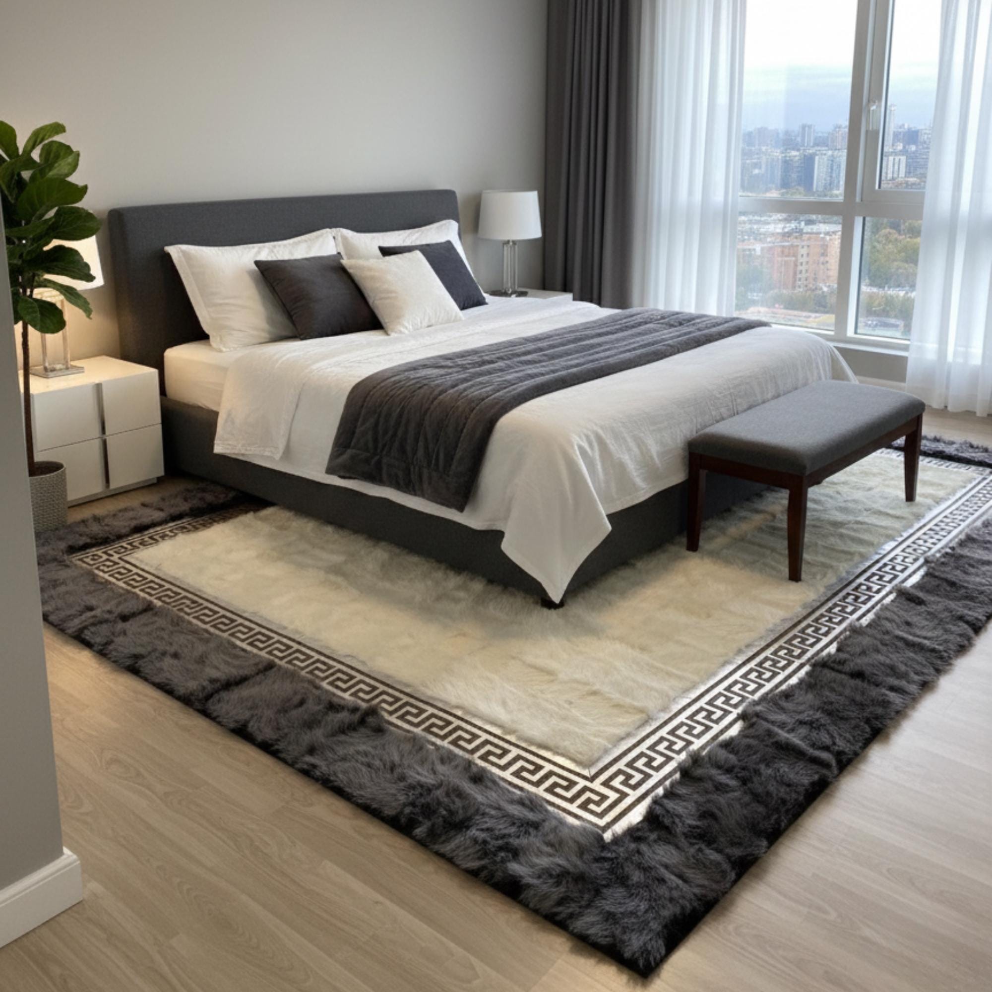 Gri Çerçeveli Krem Rengi Toscana Kürk Salon Halısı – Modern ve Zarif Tasarım