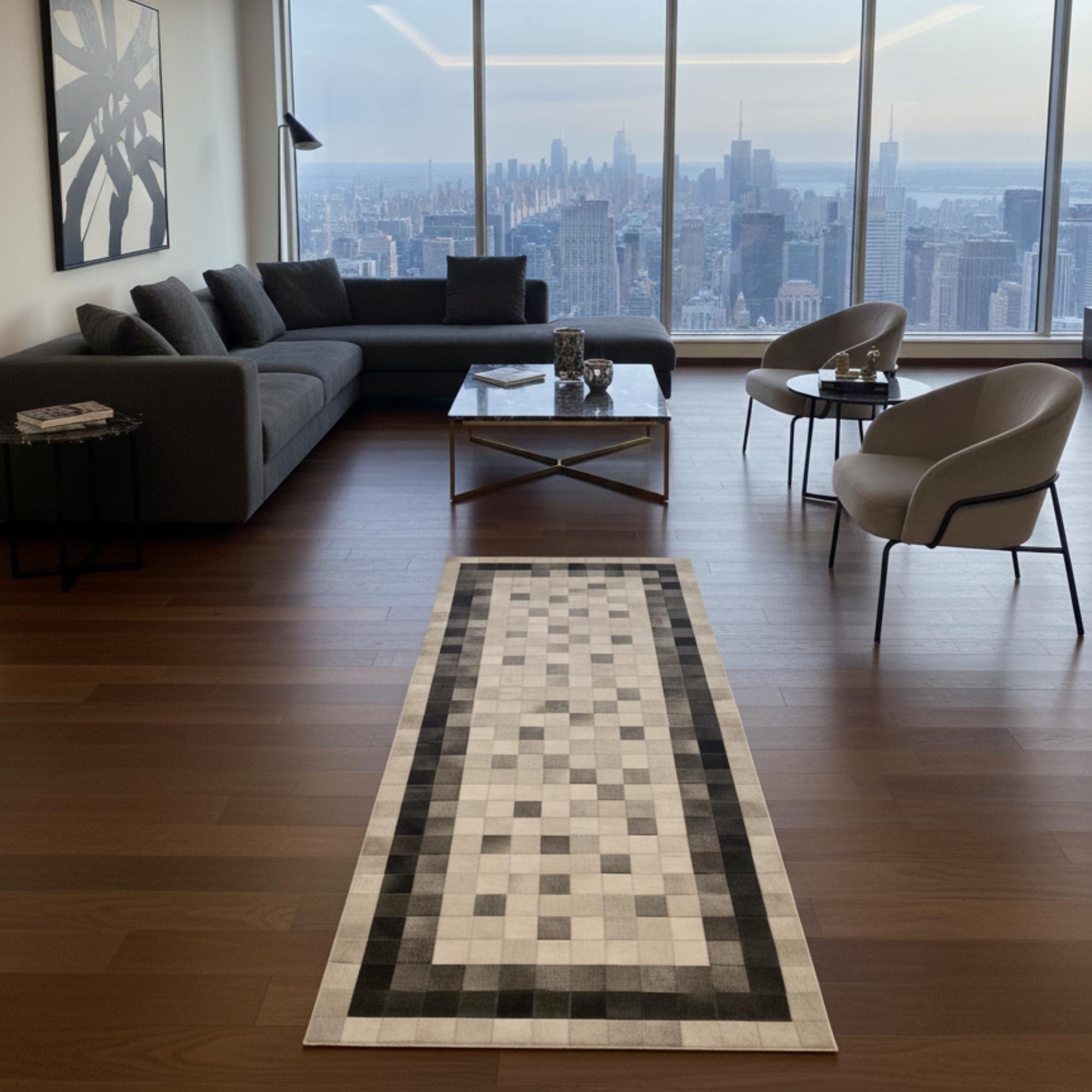 Siyah Çerçeveli Bej Tonlu Dana Derisi Patchwork Runner Halı