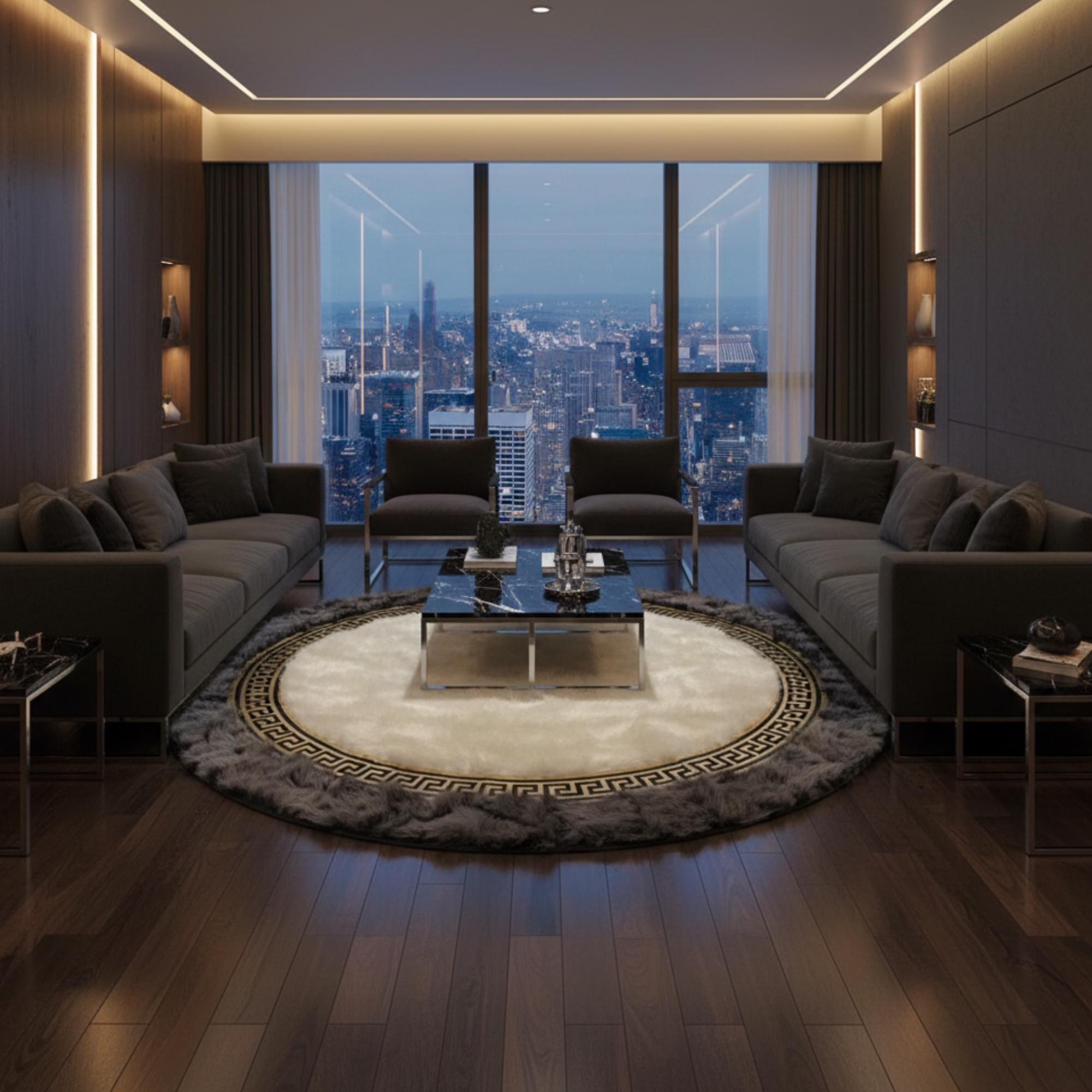 Krem Merkezli Koyu Gri Zeminli Altın Çerçeveli Yuvarlak Toskana Halı