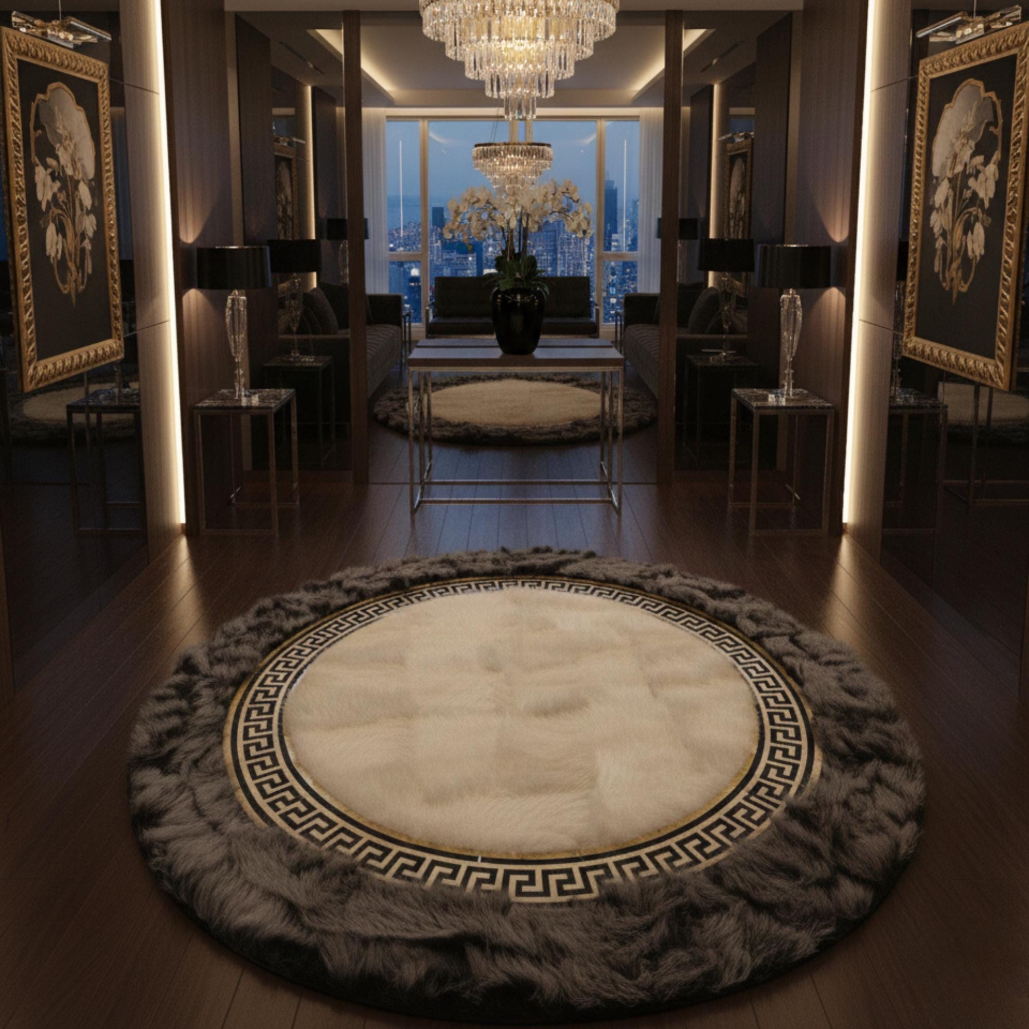 Krem Merkezli Koyu Gri Zeminli Altın Çerçeveli Yuvarlak Toskana Halı