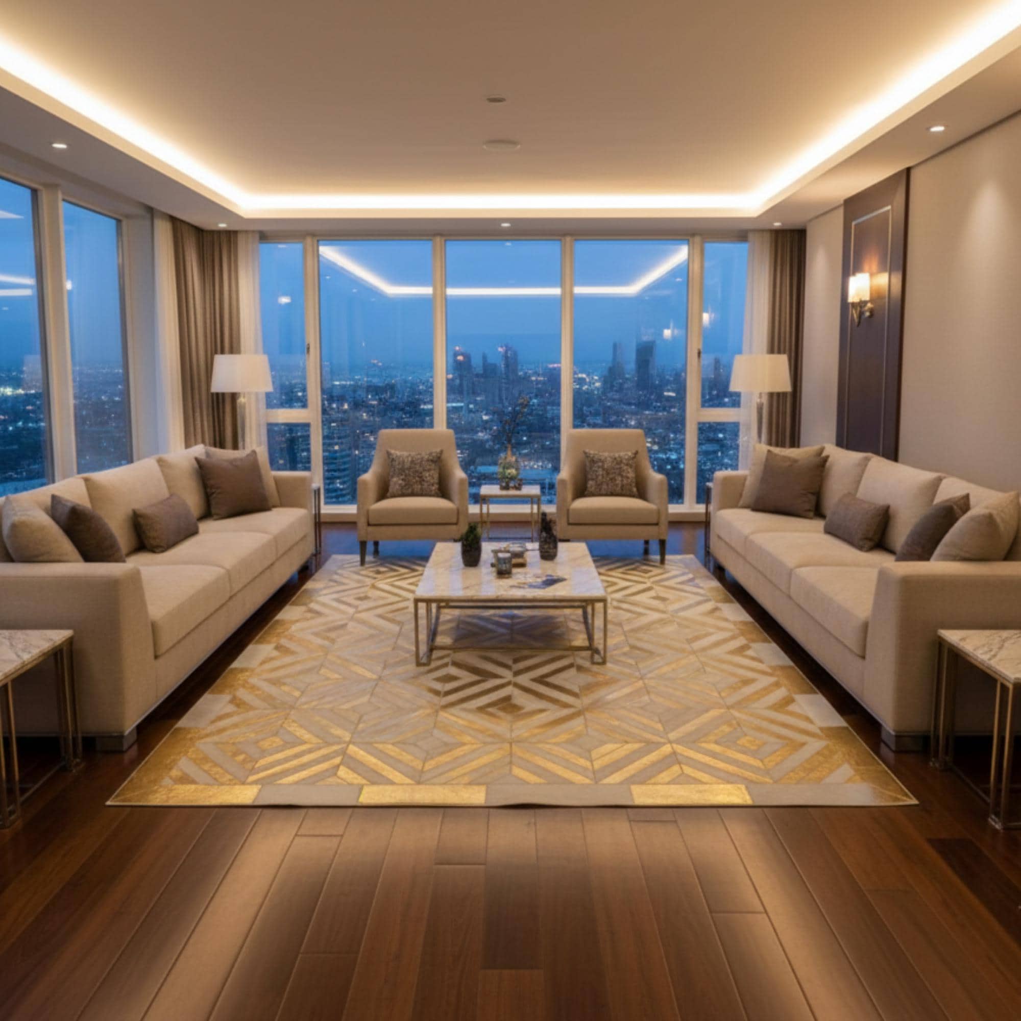 Bej ve Altın Sarısı Desenli Dana Derisi Patchwork Halı