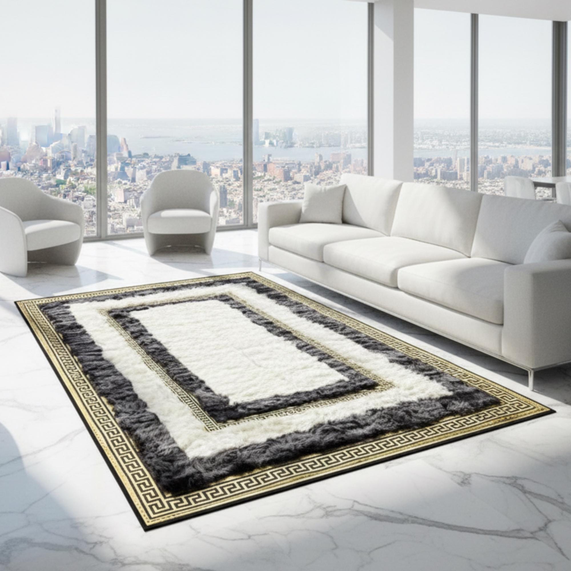 Altın Bordürlü Krem Toscana Kürk Geçiş Halısı – Modern ve Lüks Salon Tasarımı