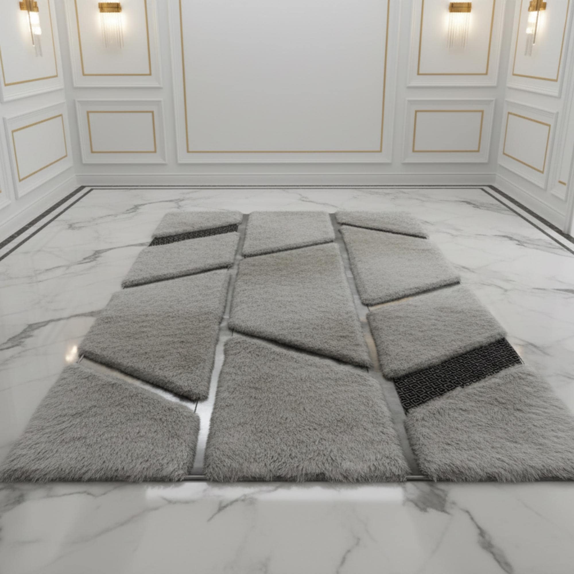 Gri Tonlu Patchwork Desenli Peluş Halı – Yumuşak Dokulu, Modern ve Dekoratif Halı