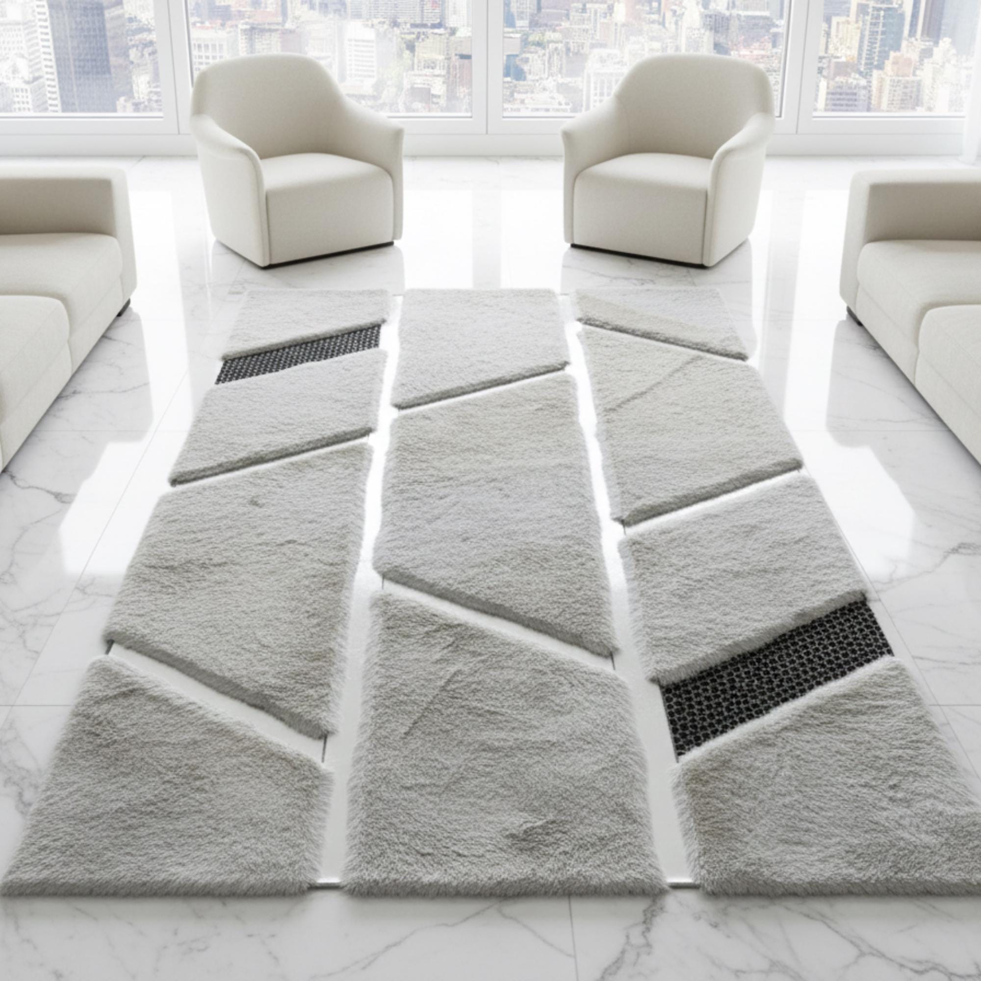 Gri Tonlu Patchwork Desenli Peluş Halı – Yumuşak Dokulu, Modern ve Dekoratif Halı