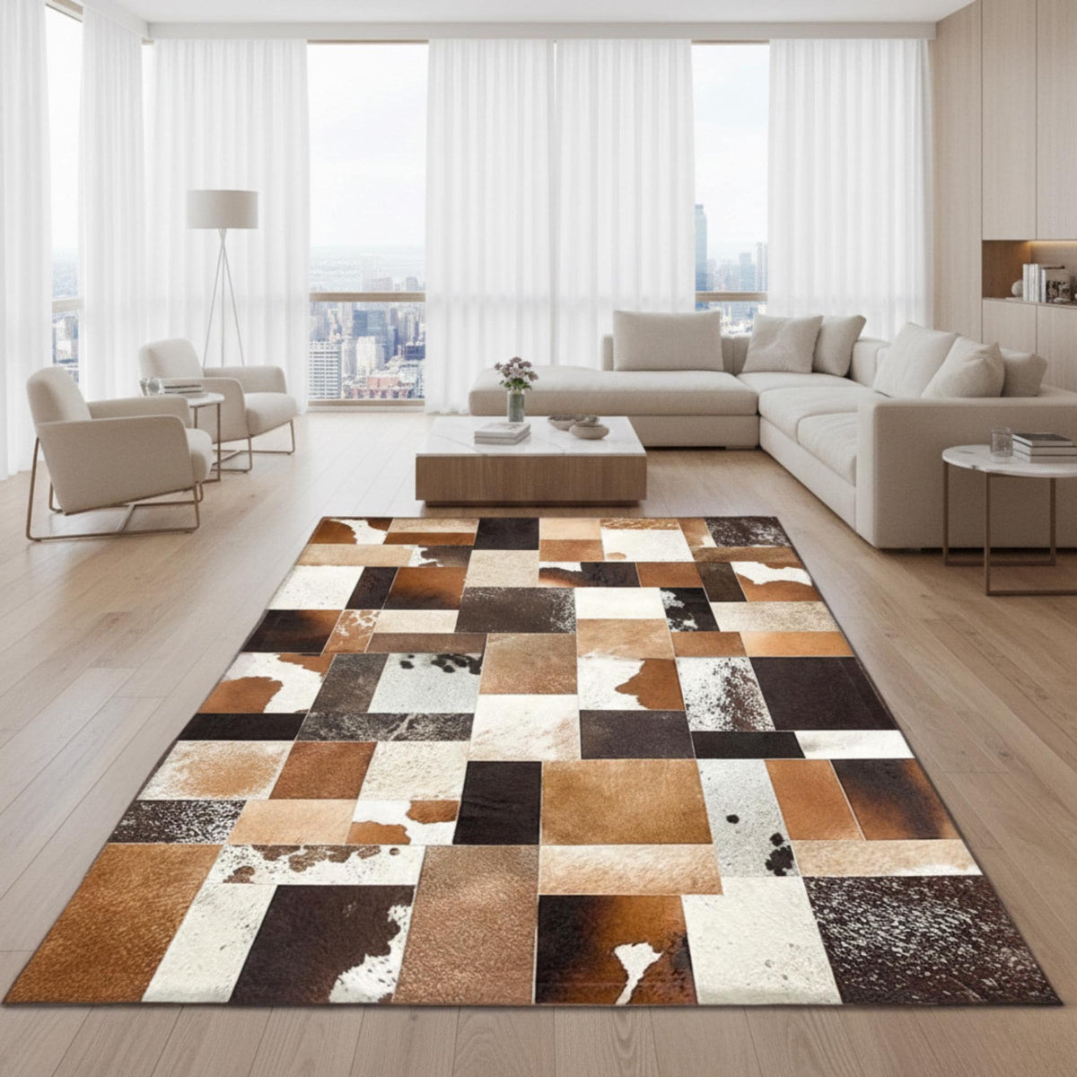 Bej, Kahverengi ve Siyah Tonlu Dana Derisi Patchwork Halı – El Yapımı Doğal Deri Dekoratif Halı – görsel 4
