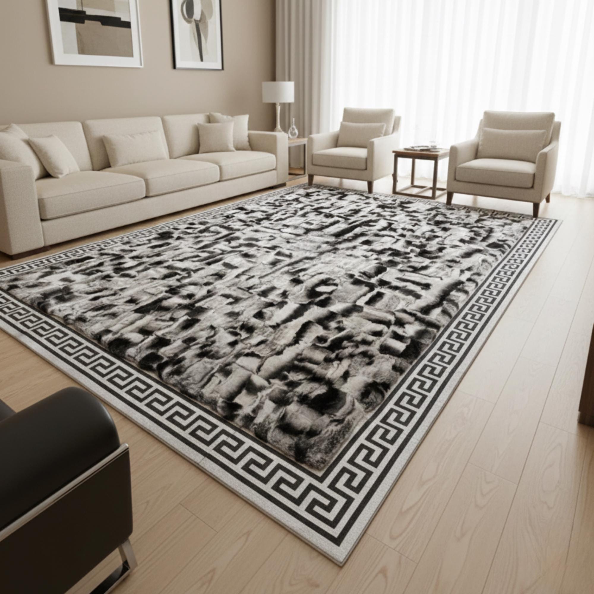 Siyah Beyaz Rex Tavşan Kürkü Salon Halısı – Modern ve Çarpıcı Tasarım