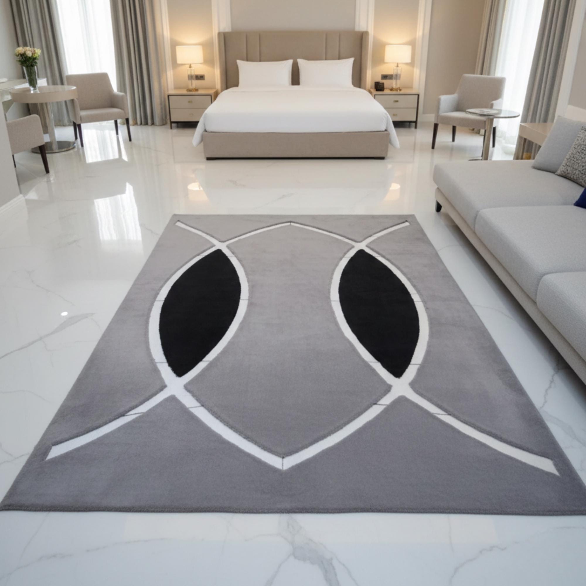 Gri Zeminli Silver Oval Desenli Peluş Halı – Yumuşak Dokulu, Modern ve Dekoratif Halı