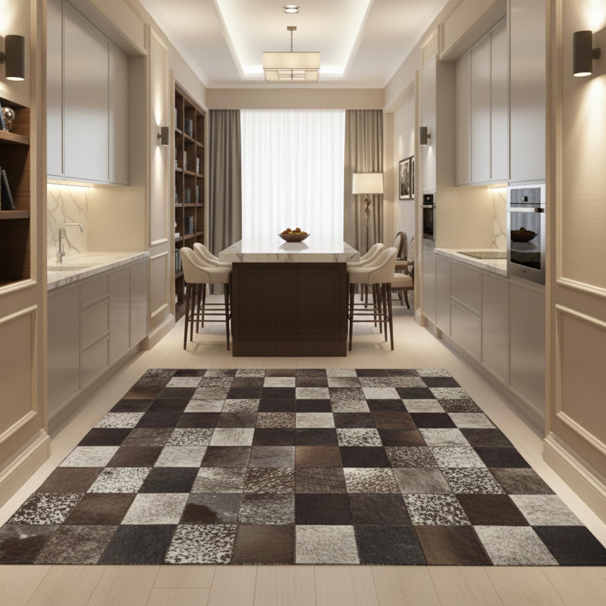 Kahverengi ve Siyah Tonlu Dana Derisi Patchwork Runner Halı – El Yapımı Doğal Deri Koridor Halısı