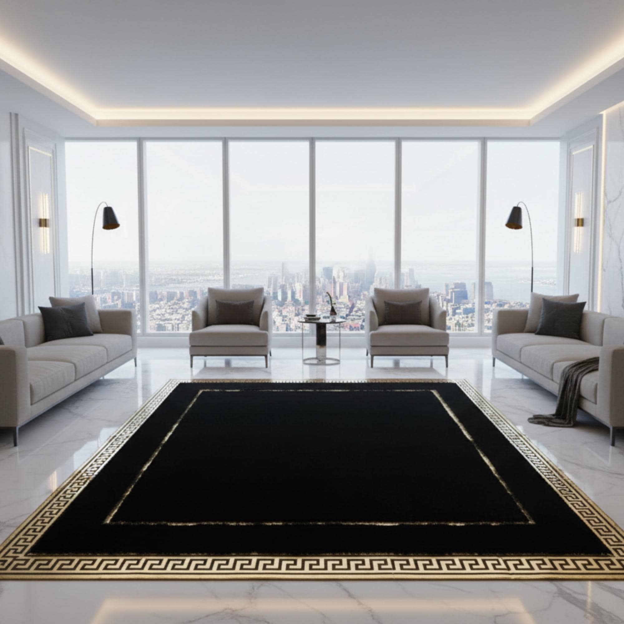 Siyah Zeminli Geniş Altın Çerçeveli Peluş Halı – Yumuşak Dokulu, Şık ve Dekoratif Halı
