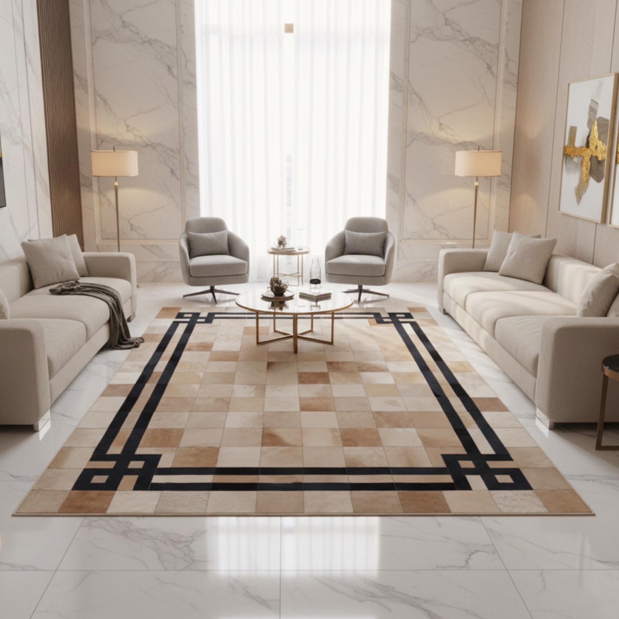 Bej ve Krem Tonlu Siyah Çerçeveli Dana Derisi Patchwork Halı – El Yapımı Doğal Deri Dekoratif Halı