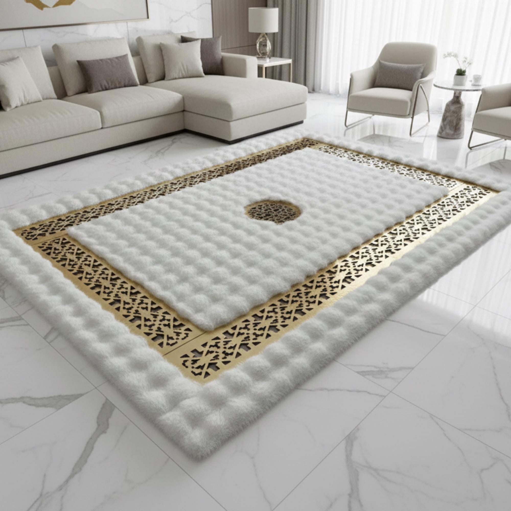 Beyaz Zeminli Merkez Motifli Altın Çerçeveli Peluş Halı – Yumuşak Dokulu, Şık ve Dekoratif Halı