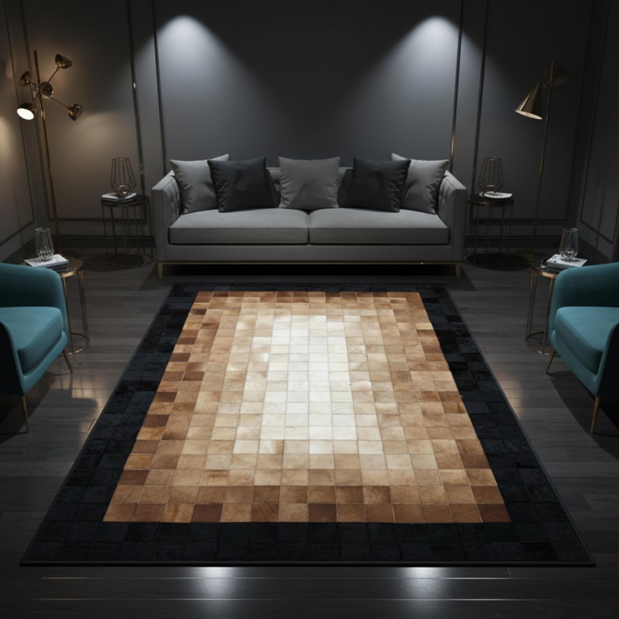 Açık Bej Merkezli Siyah Çerçeveli Dana Derisi Patchwork Halı if Halı