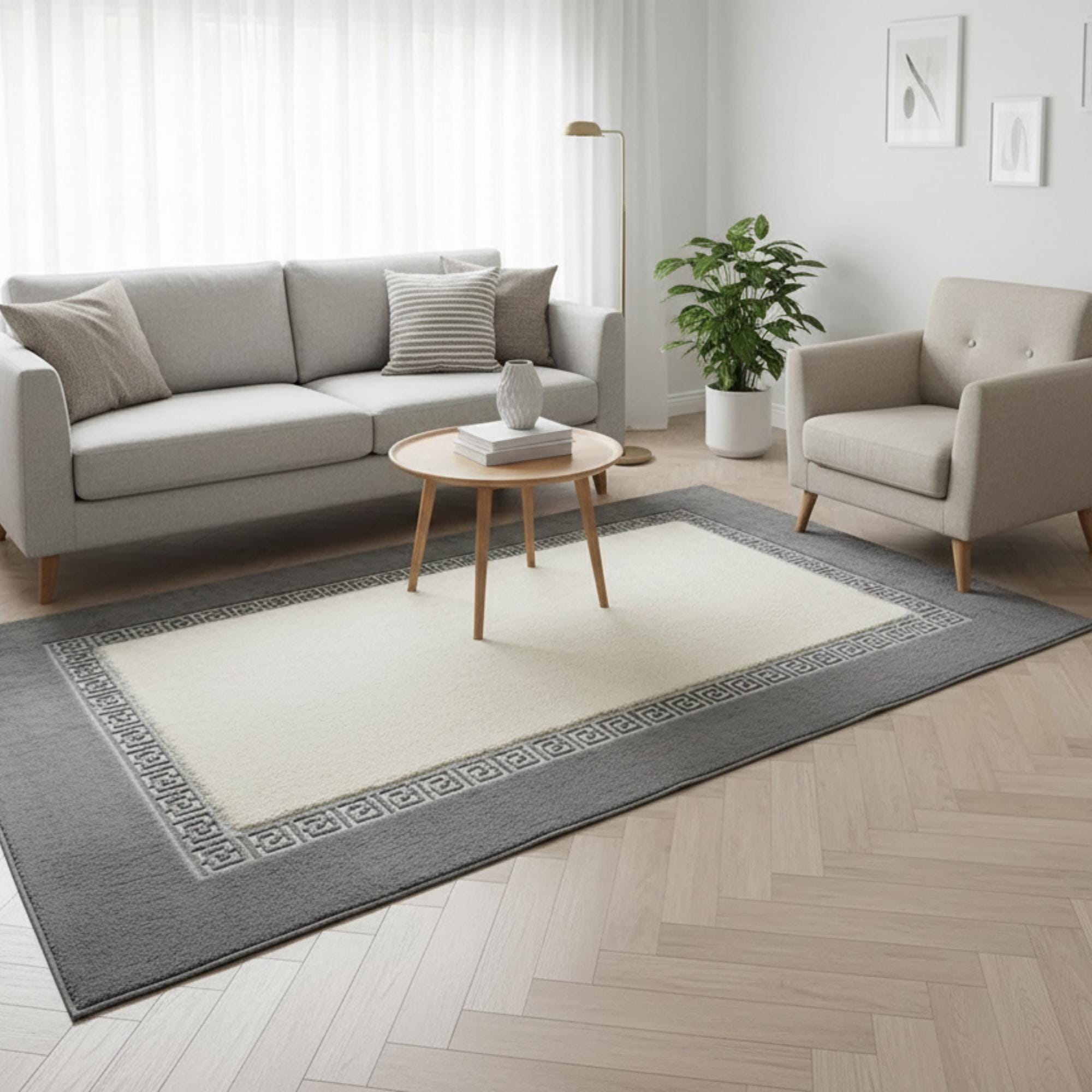 Gri Zeminli Beyaz Merkezli ve Silver Bordürlü Peluş Halı – Yumuşak Dokulu, Modern ve Dekoratif Halı