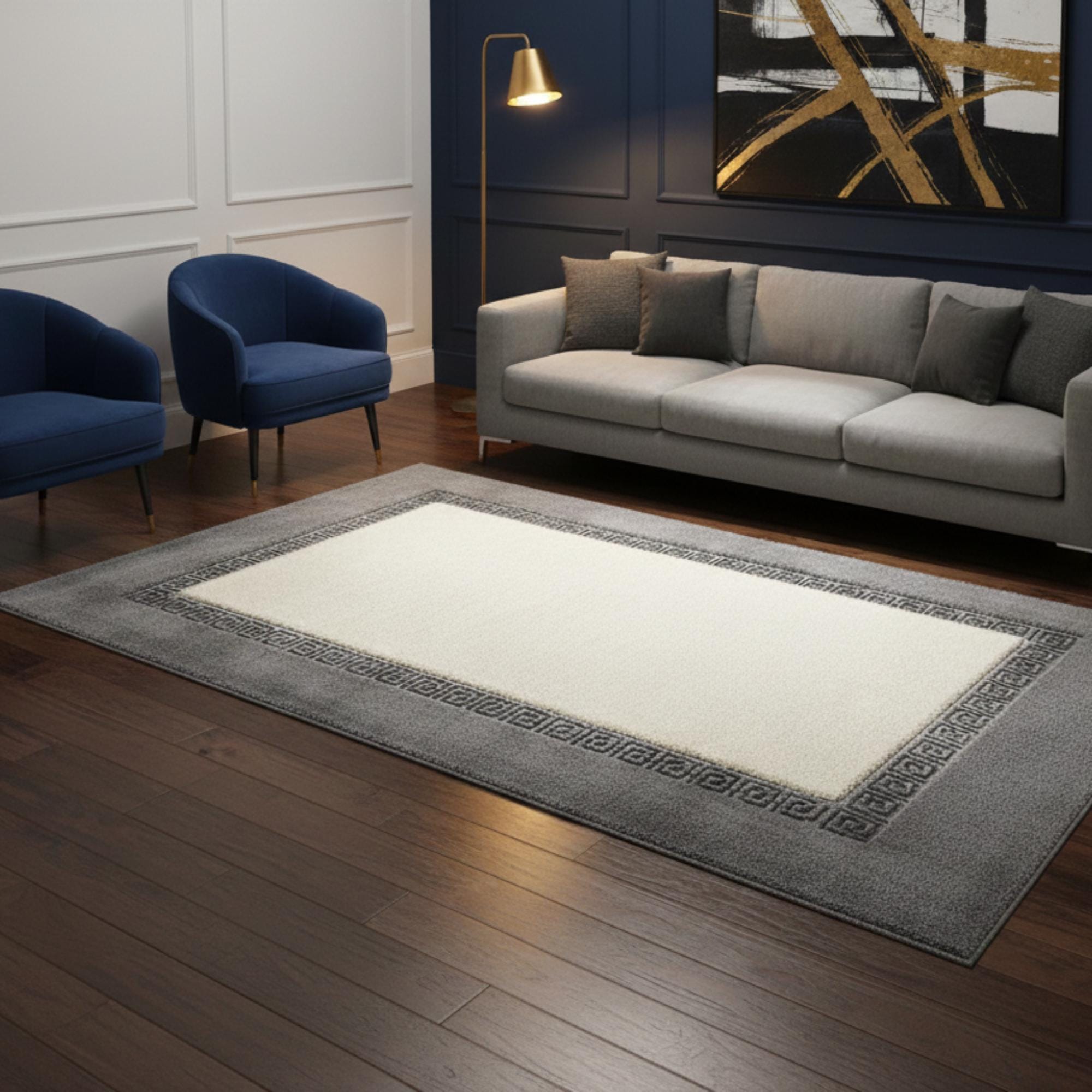 Gri Zeminli Beyaz Merkezli ve Silver Bordürlü Peluş Halı – Yumuşak Dokulu, Modern ve Dekoratif Halı