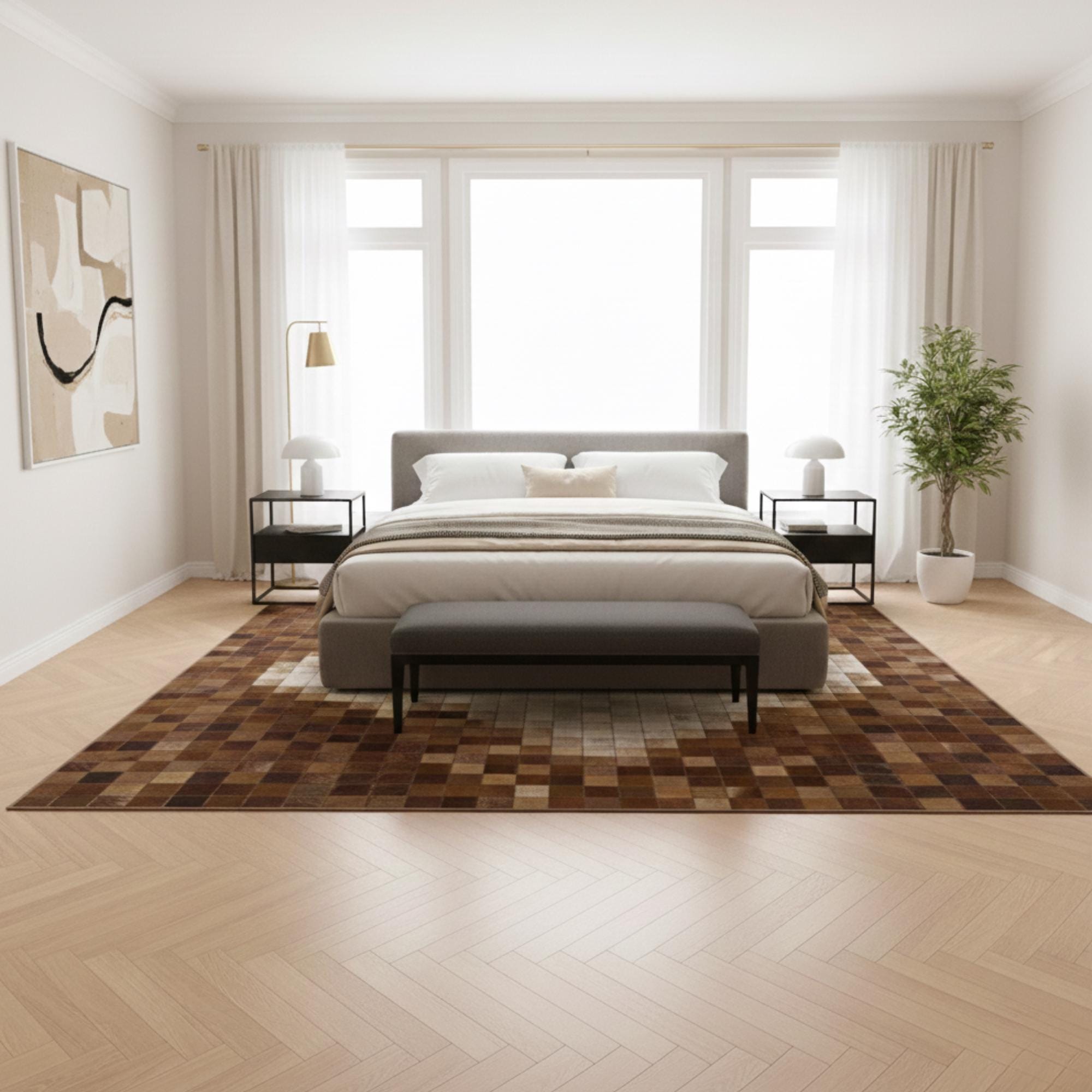 Açık Merkezli Kahverengi Tonlu Dana Derisi Patchwork Halı – El Yapımı Doğal Deri Dekoratif Halı