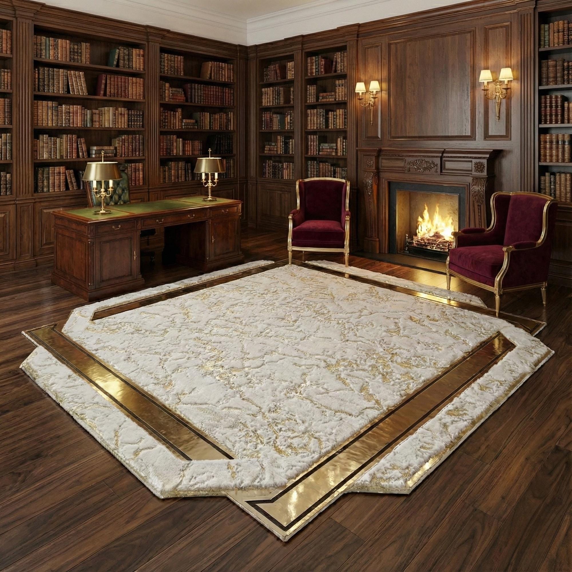 Beyaz Zeminli Altın Motifli Peluş Geometrik Kesim Halı – Yumuşak Dokulu, Şık ve Dekoratif Halı