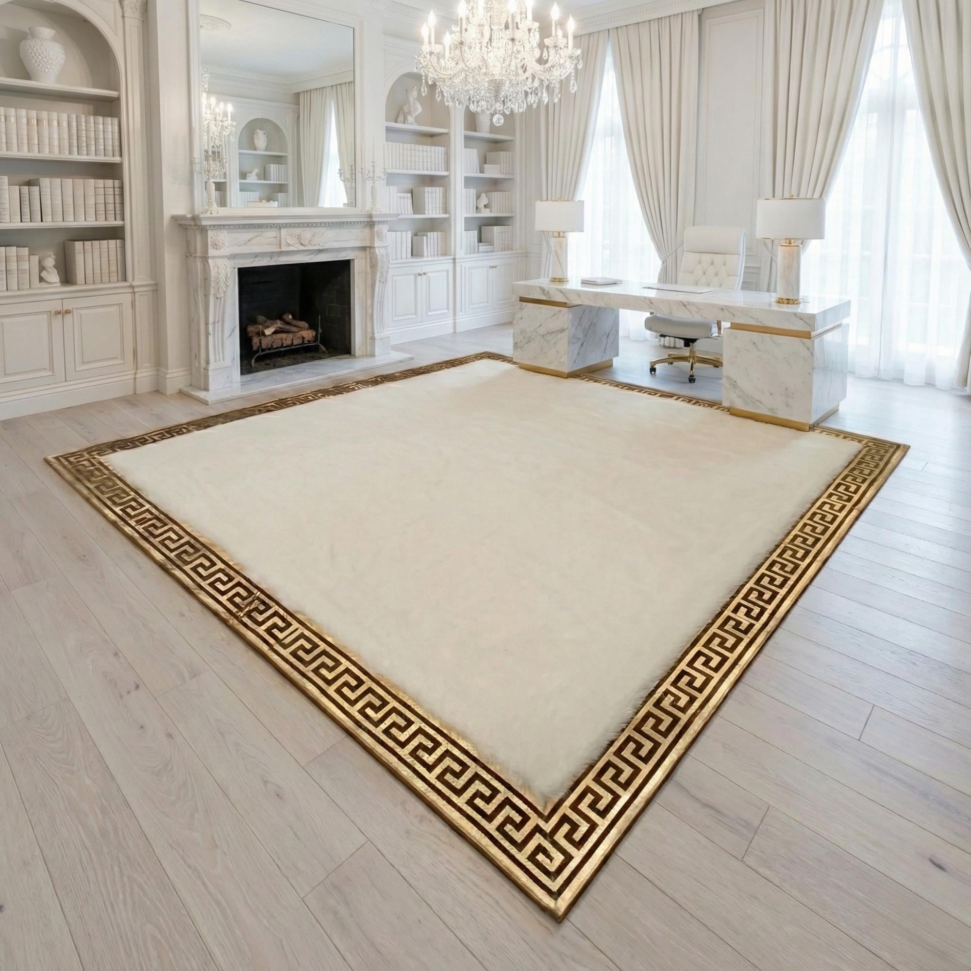 Beyaz Zeminli Merkez Altın Çerçeveli Peluş Halı – Yumuşak Dokulu, Şık ve Dekoratif Halı