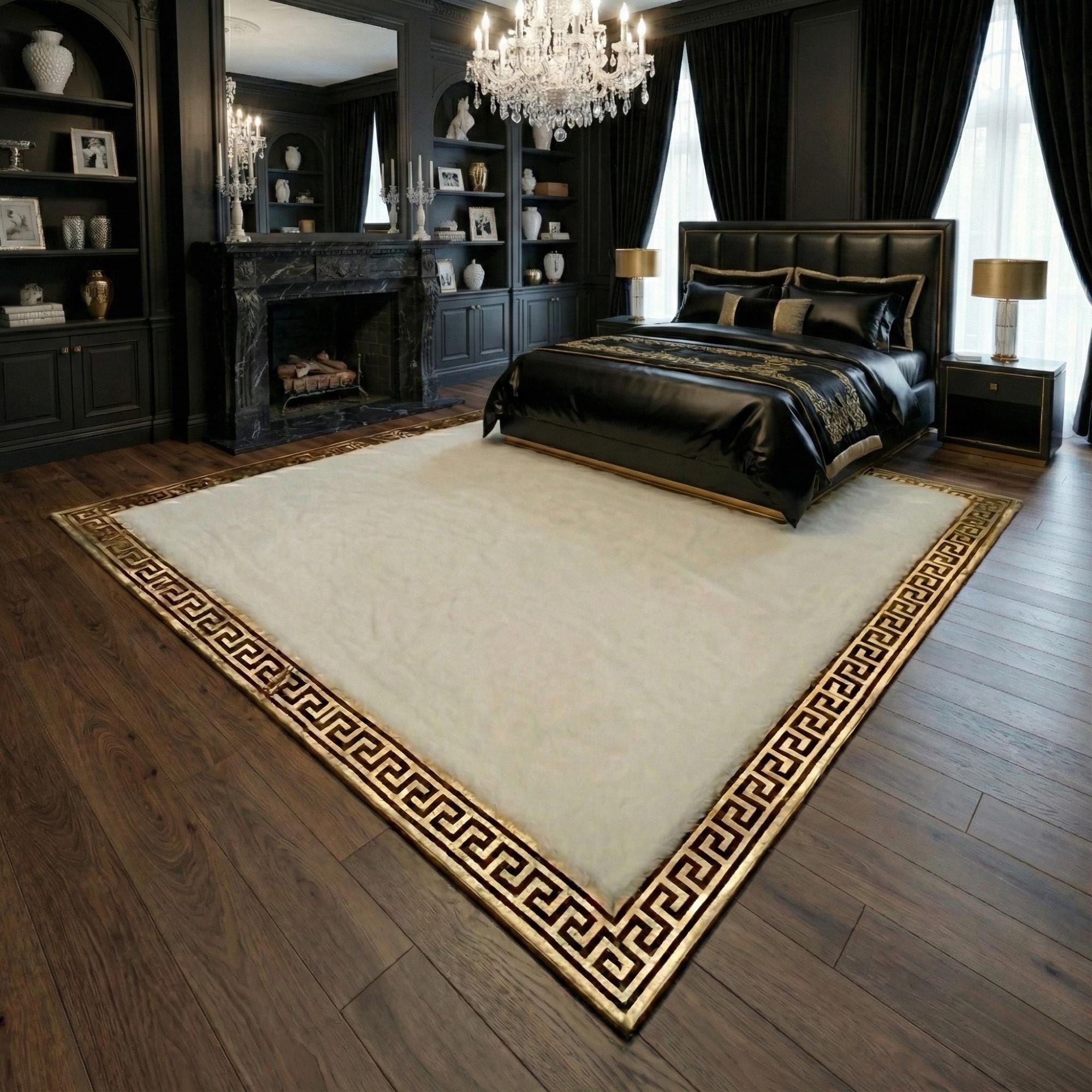 Beyaz Zeminli Merkez Altın Çerçeveli Peluş Halı – Yumuşak Dokulu, Şık ve Dekoratif Halı