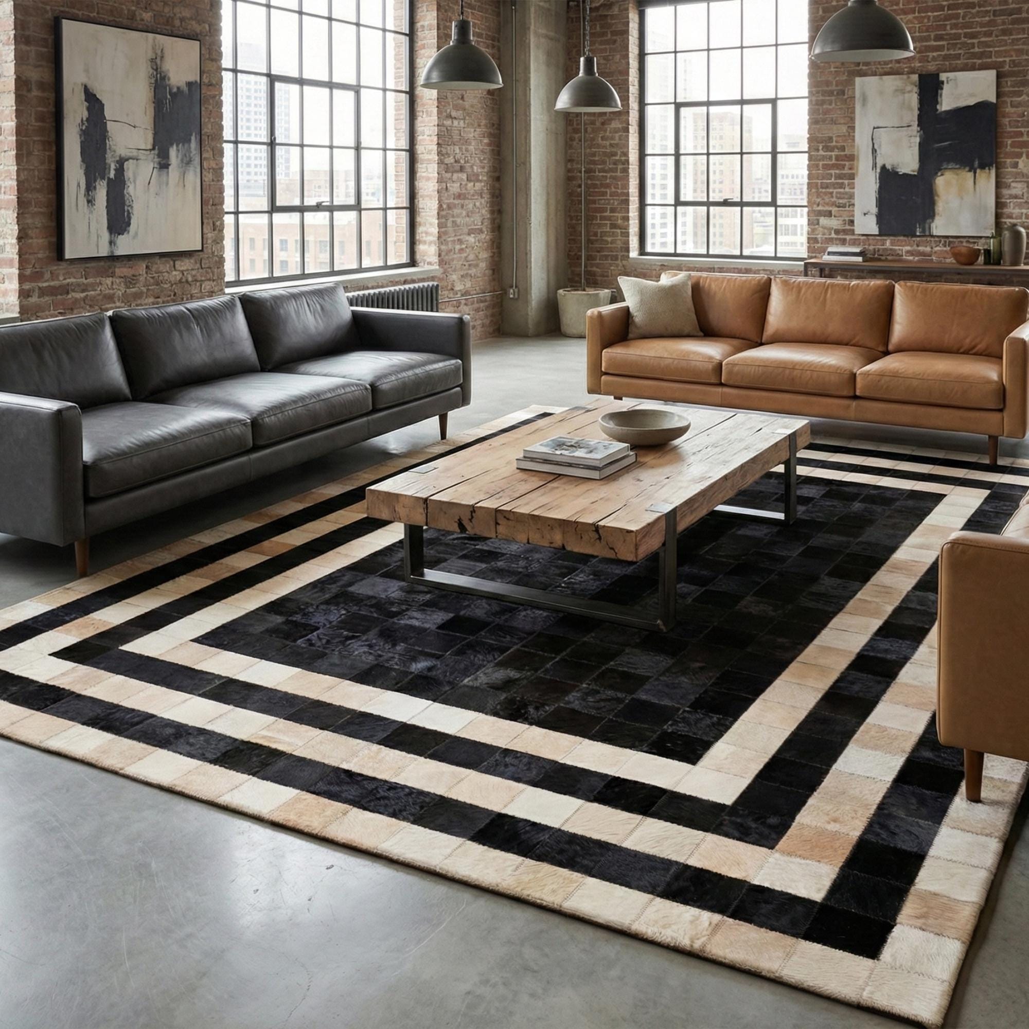 Siyah Zeminli Bej Çizgili Dana Derisi Patchwork Halı – El Yapımı Doğal Deri Dekoratif Halı