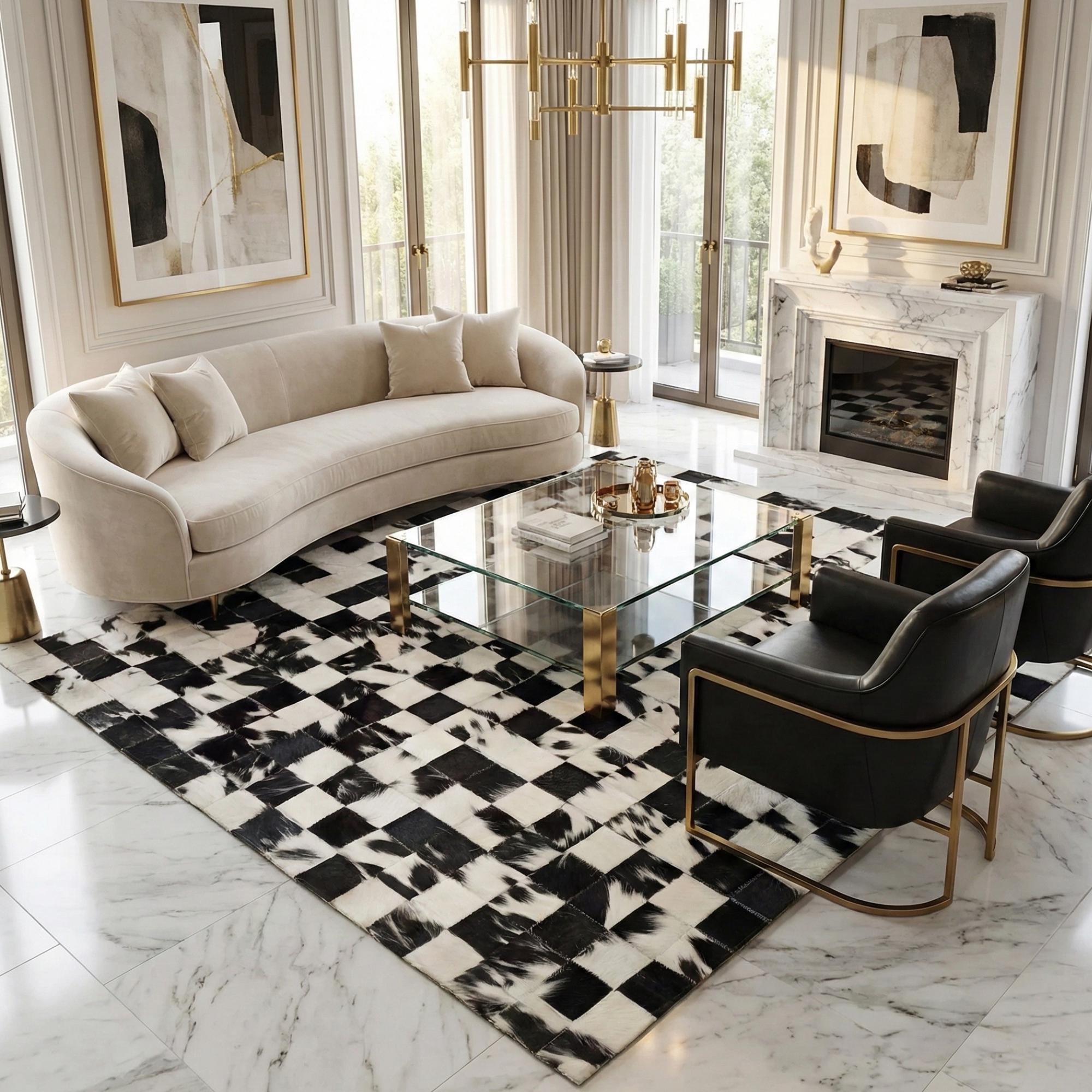 Siyah Beyaz Dama Desenli Dana Derisi Patchwork Halı – El Yapımı Doğal Deri Dekoratif Halı