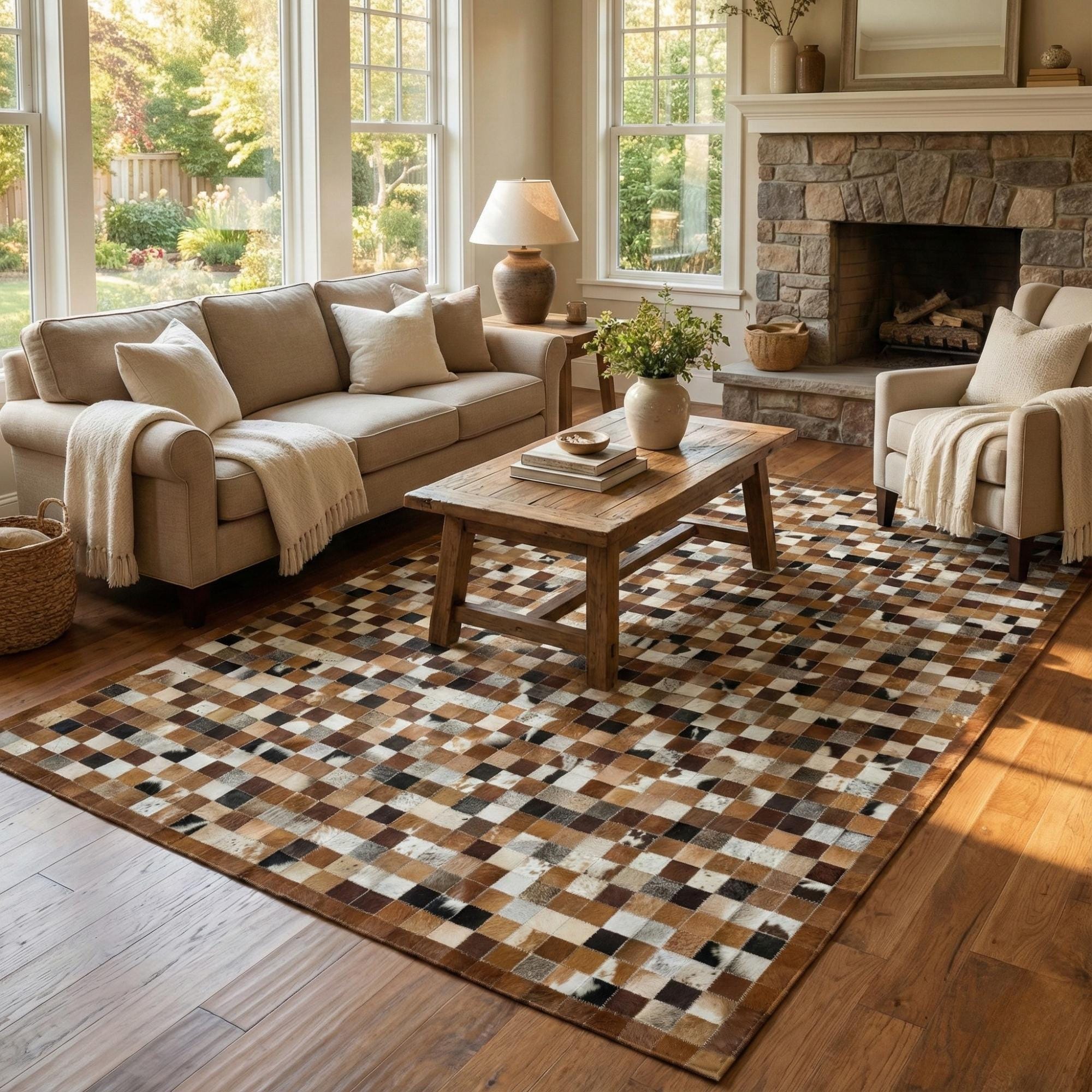 Çok Renkli Kahverengi Tonlu Dana Derisi Patchwork Halı – El Yapımı Doğal Deri Dekoratif Halı