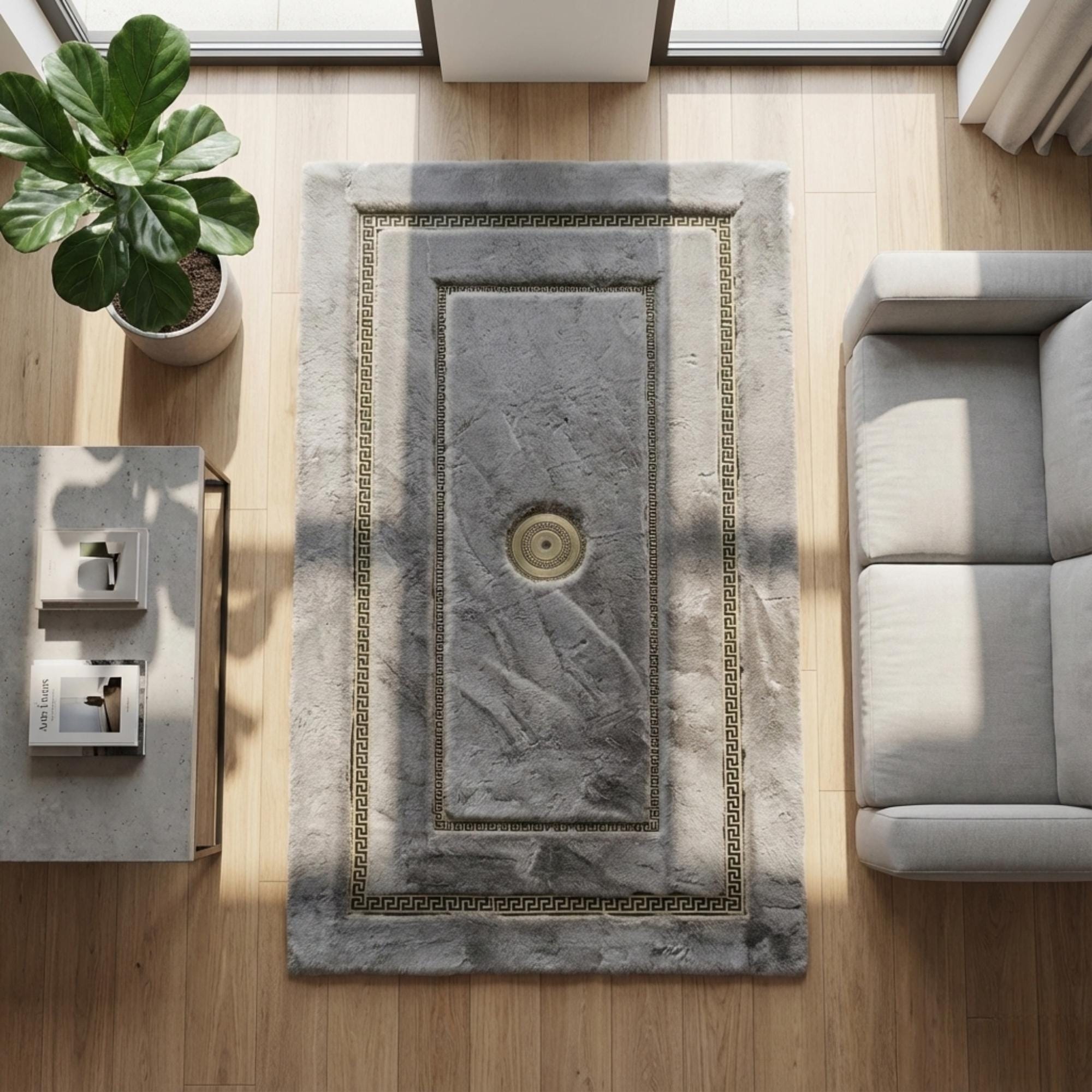 Açık Gri Zeminli Çift Altın İnce Bordür Detaylı Peluş Halı