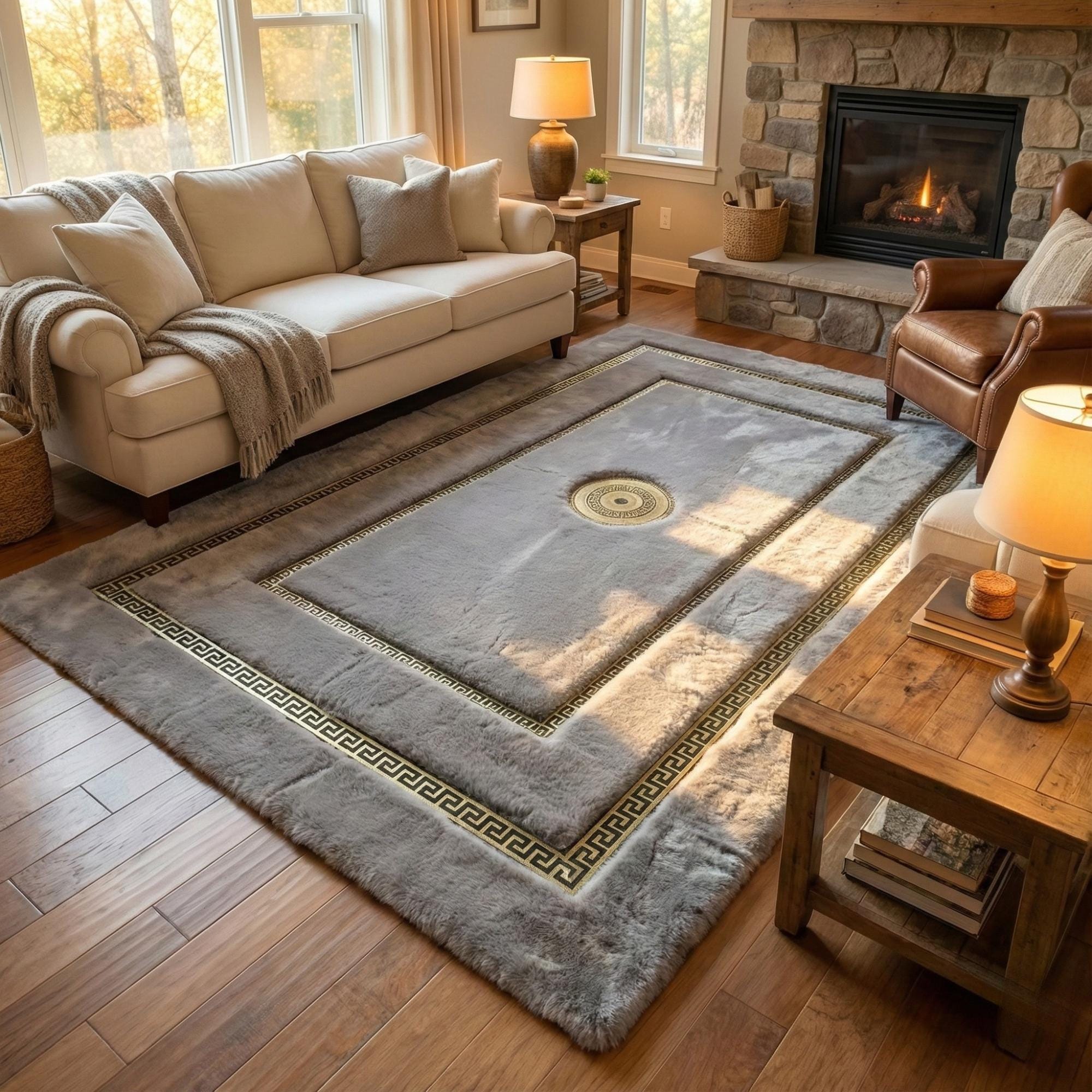 Açık Gri Zeminli Çift Altın İnce Bordür Detaylı Peluş Halı