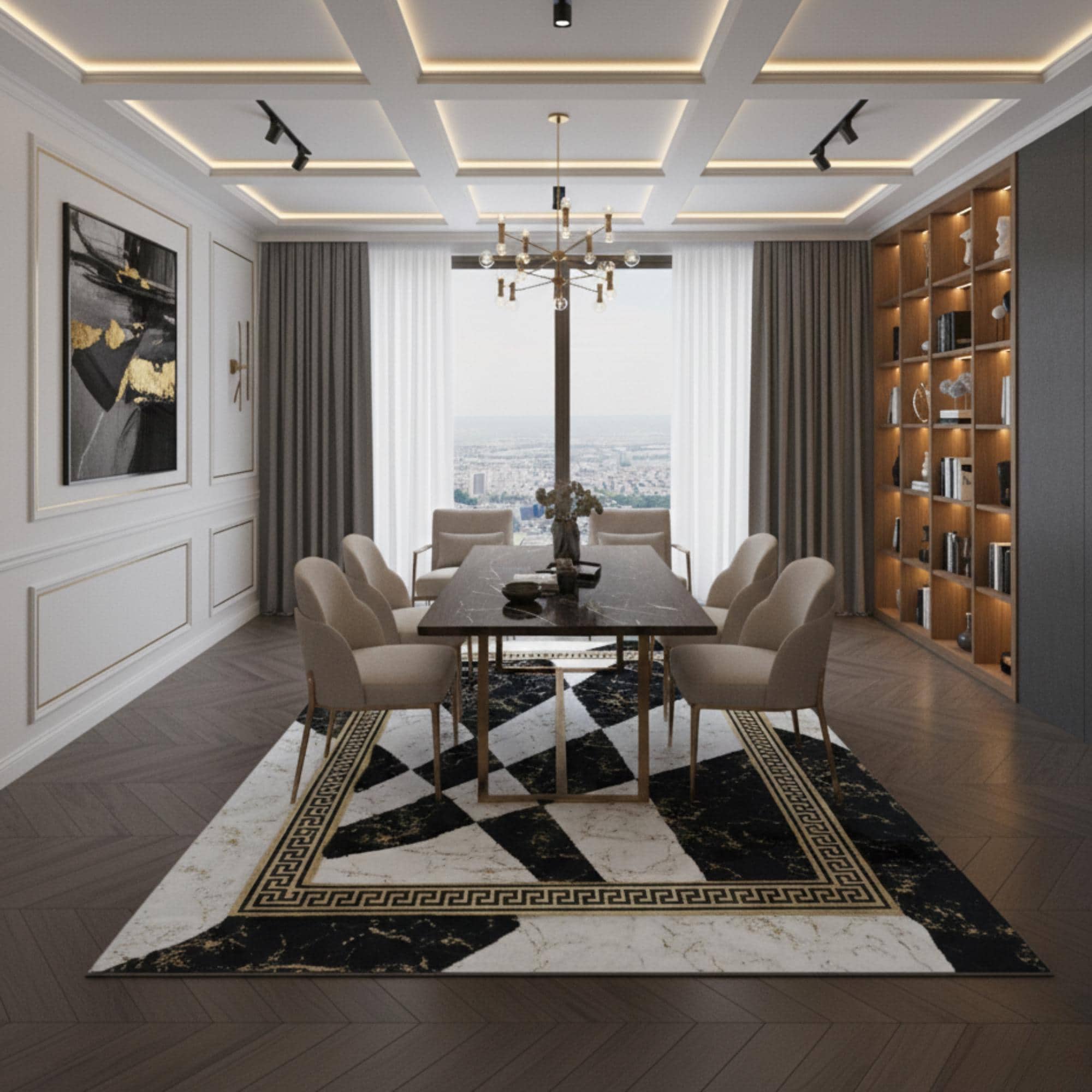 Siyah ve Beyaz Zeminli Desenli Altın Çerçeveli Peluş Halı