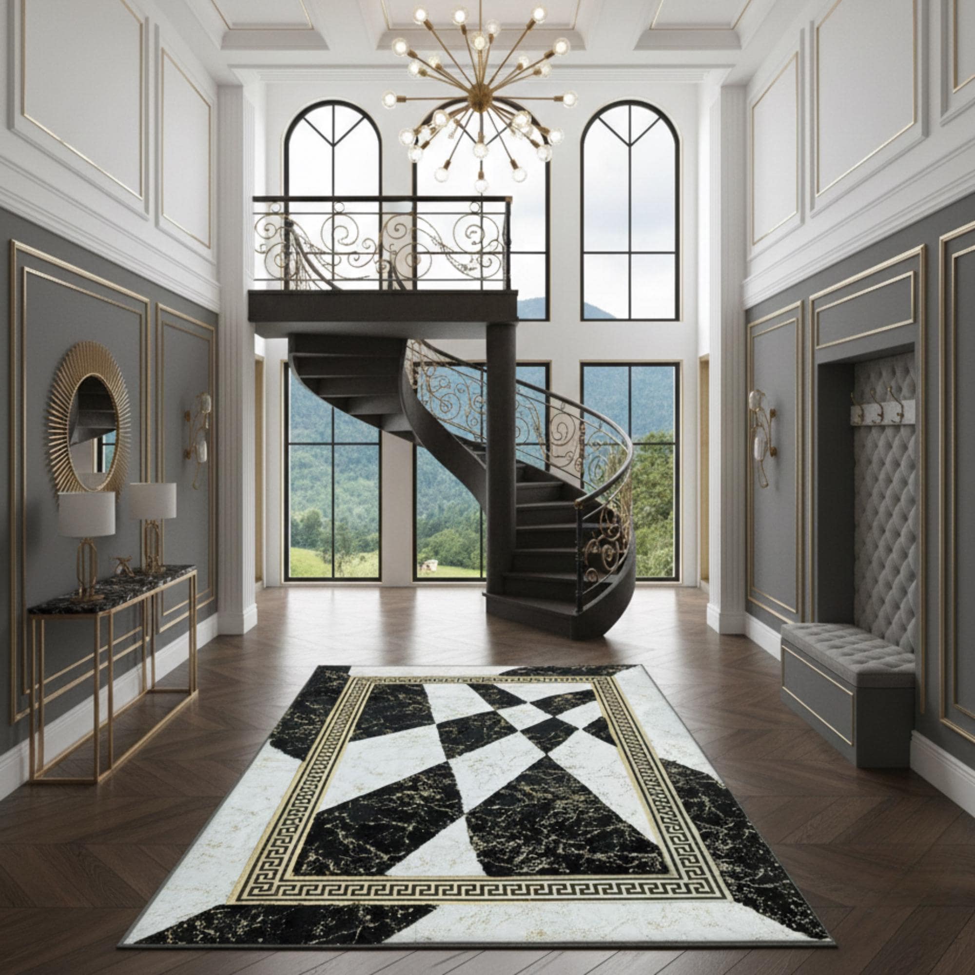 Siyah ve Beyaz Zeminli Desenli Altın Çerçeveli Peluş Halı