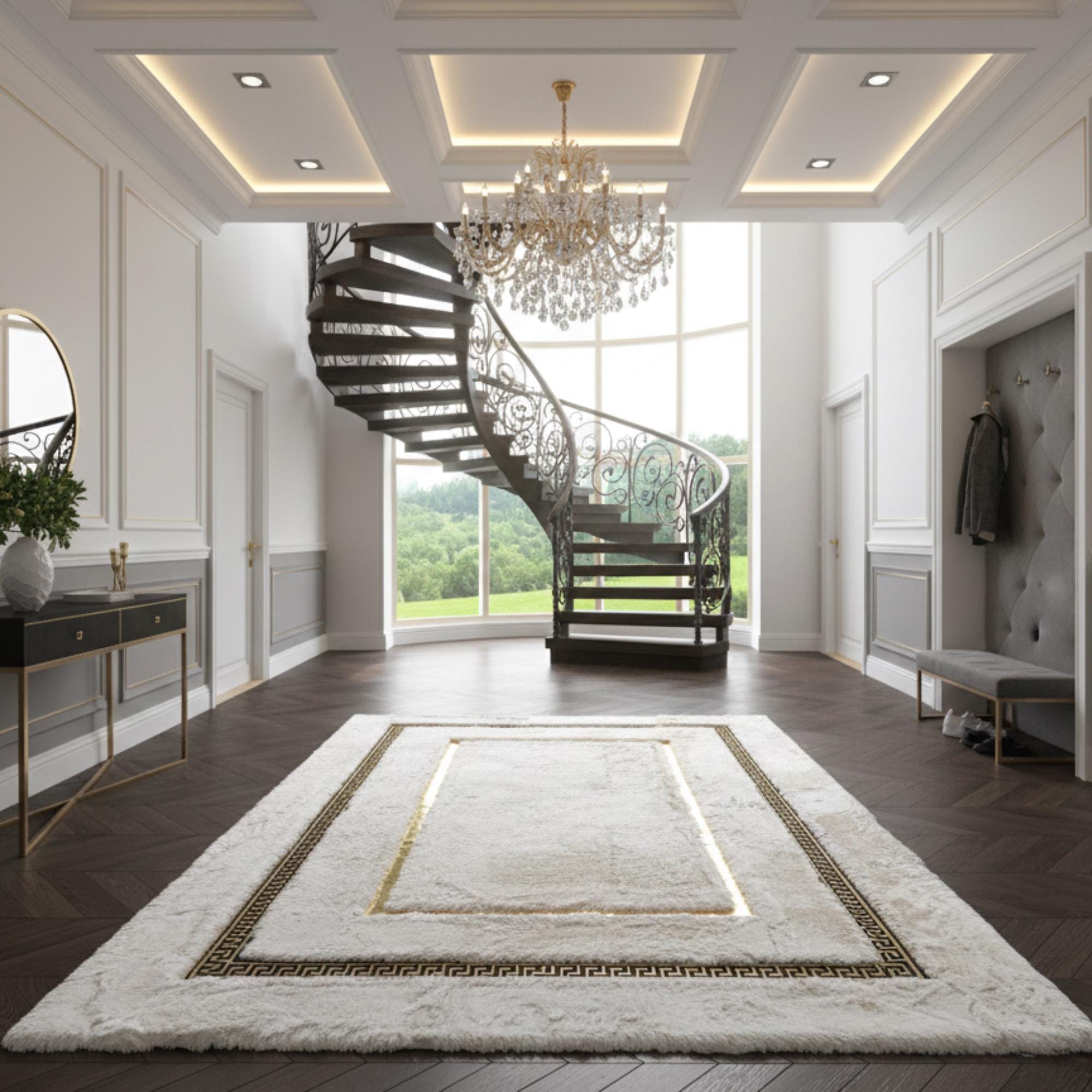 Beyaz Zeminli Merkez Altın Desenli Peluş Halı – Yumuşak Dokulu,