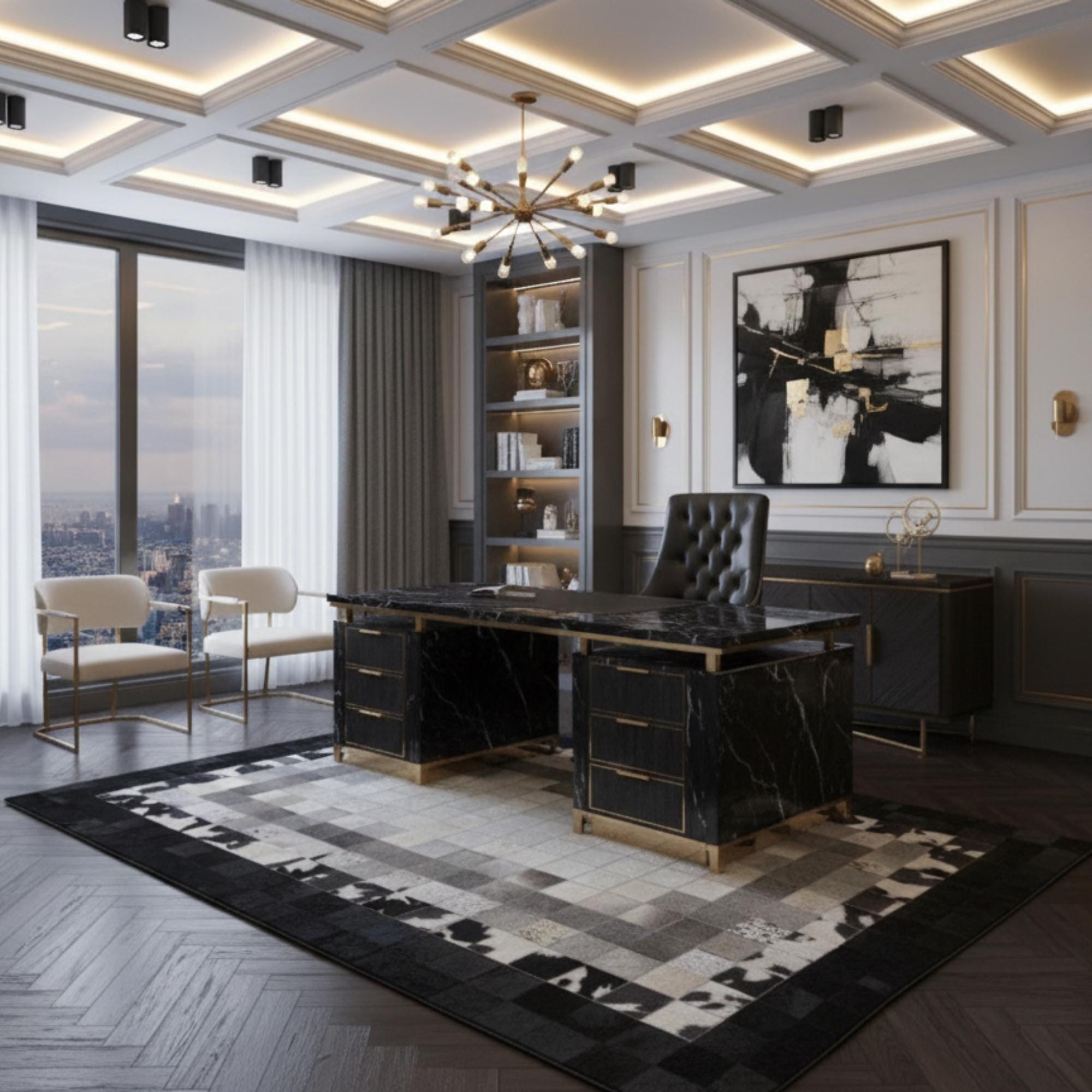 Açık Bej Zeminli Siyah Çerçeve Doğal Desenli Dana Derisi Patchwork Halı