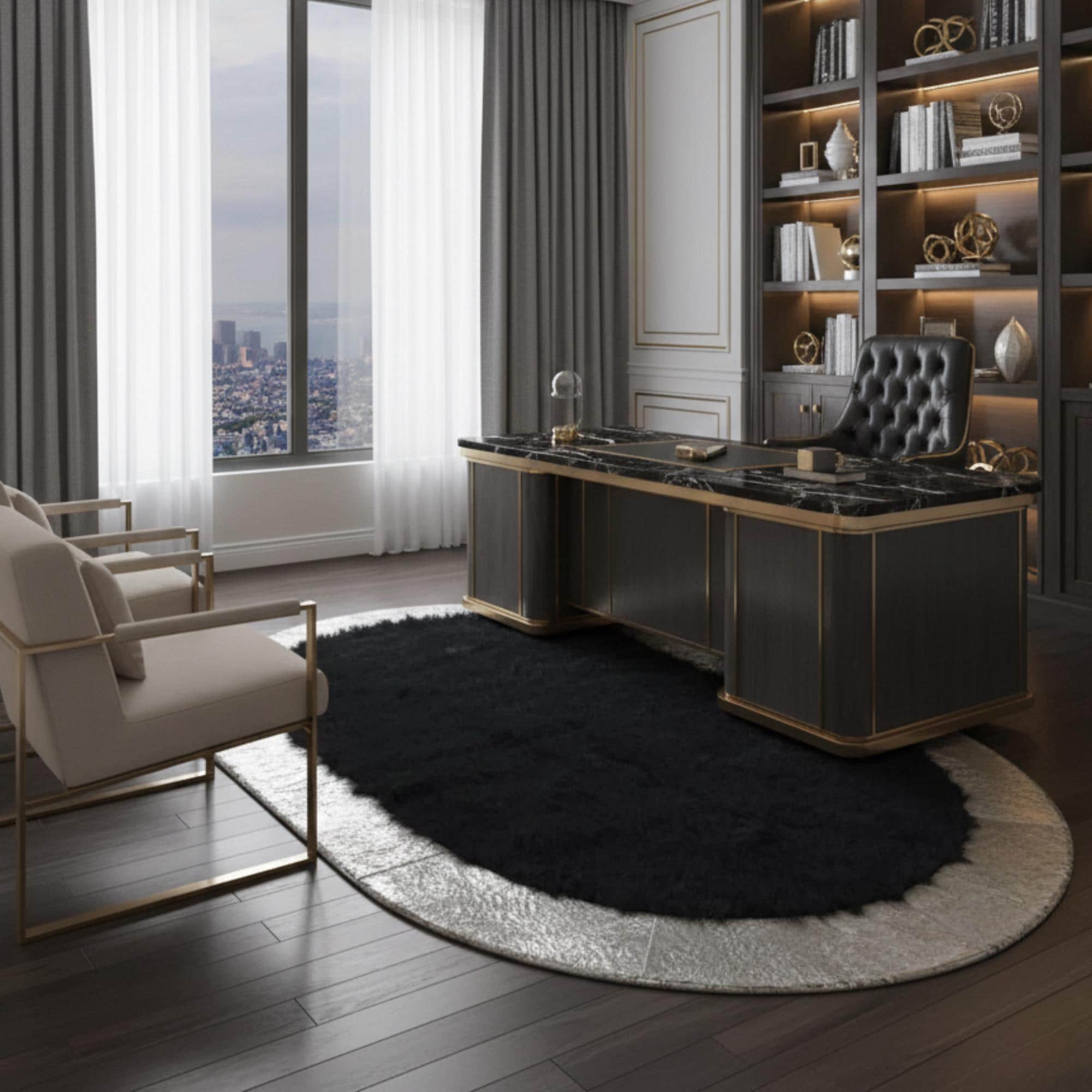 Oval Siyah Toscana Kürk Halı – Zarif Çerçeveli Prestijli Tasarım