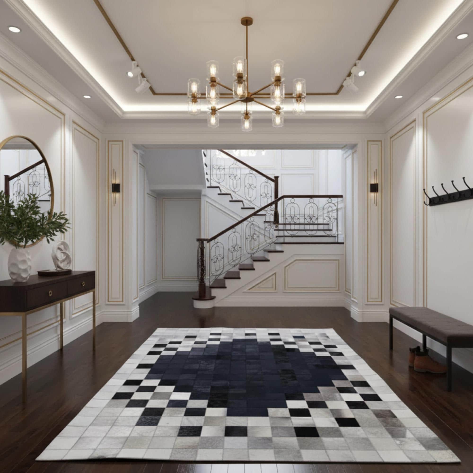 Siyah Merkezli Beyaz Geçişli Dana Derisi Patchwork Halı