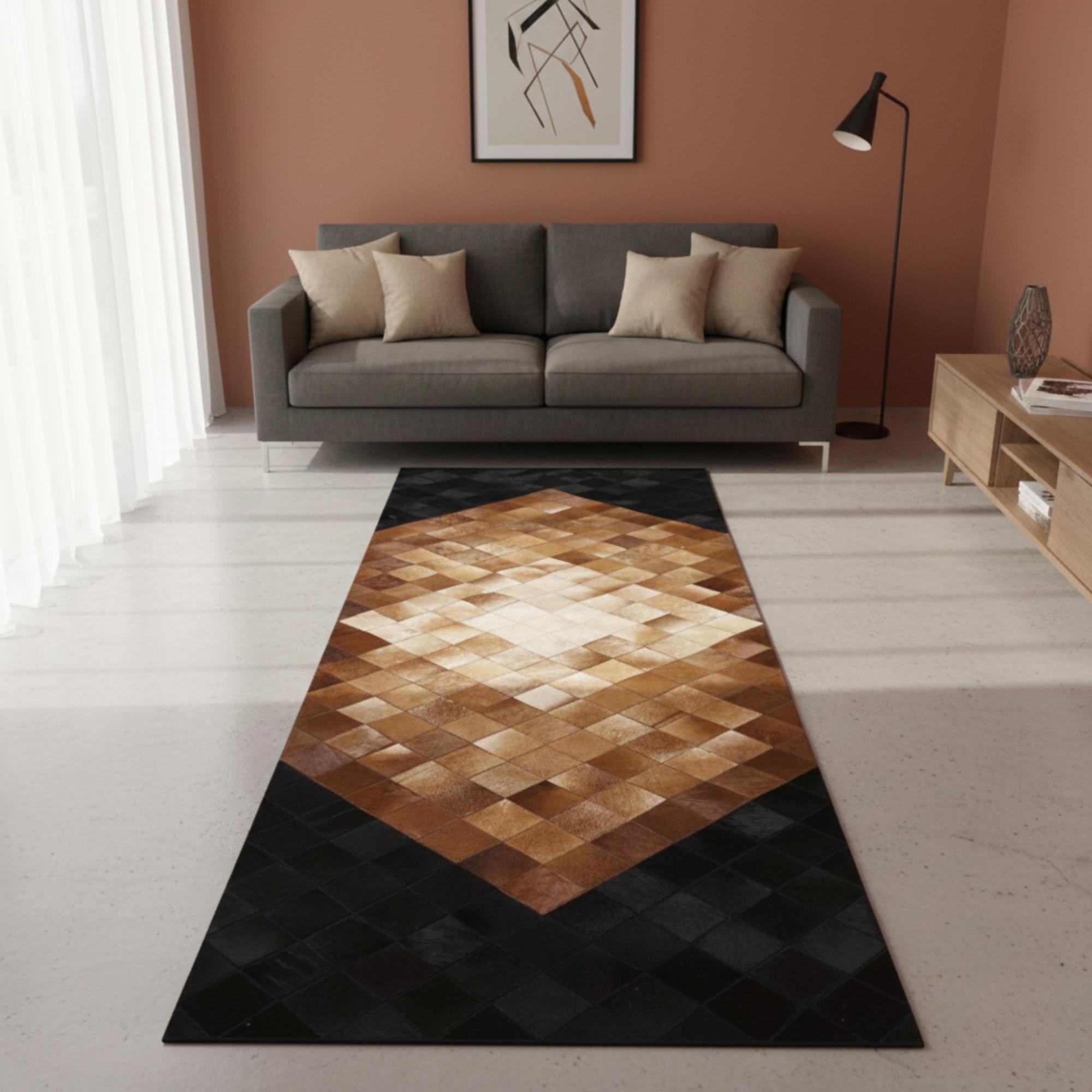 Açık Kahverengi Merkezli Siyah Köşeli Dana Derisi Patchwork