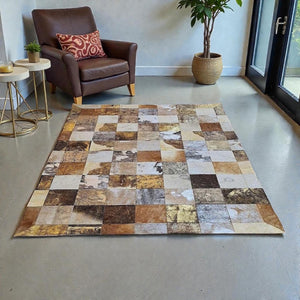 Bej ve Açık Kahverengi Tonlu Çok Renkli Dana Derisi Patchwork Halı – görsel 5