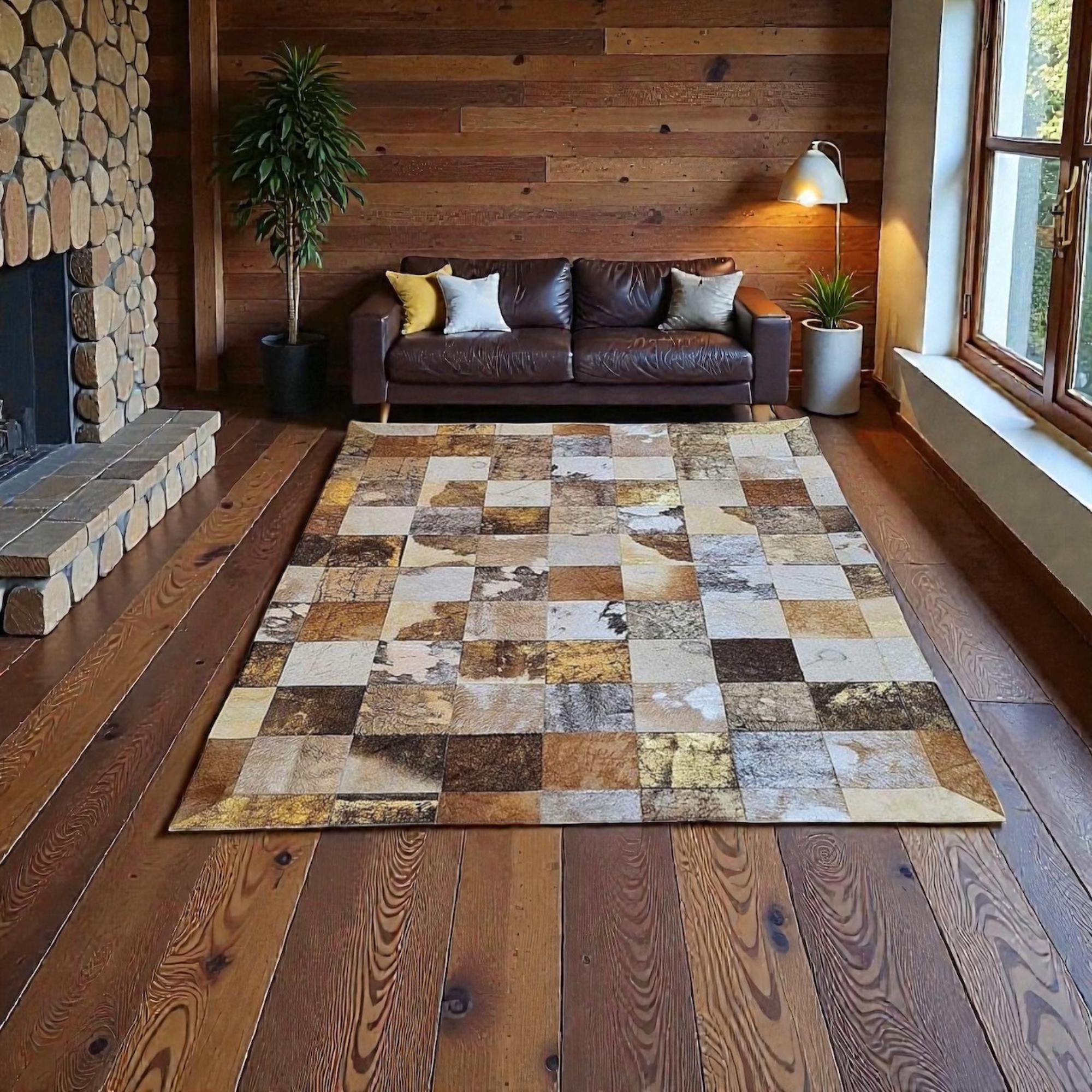 Bej ve Açık Kahverengi Tonlu Çok Renkli Dana Derisi Patchwork Halı