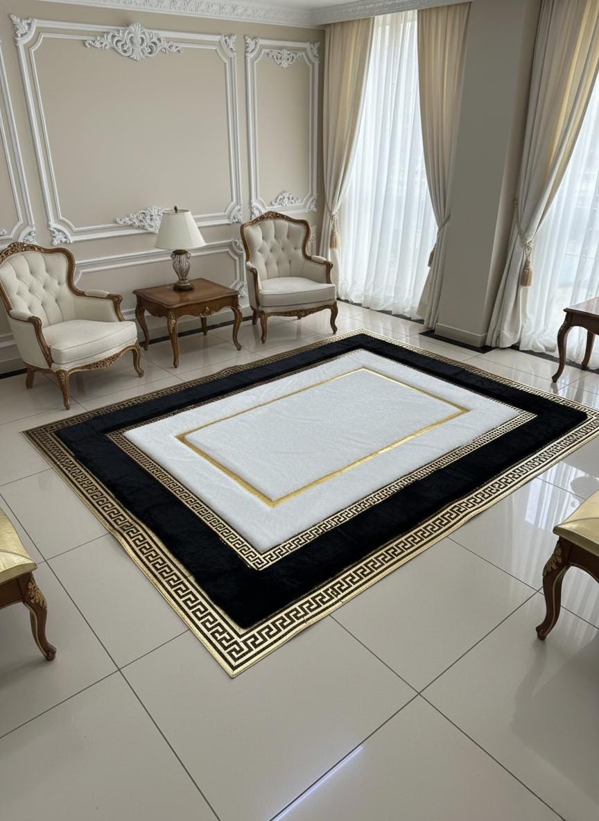 Beyaz Zeminli Siyah ve Altın Bordür Detaylı Peluş Halı