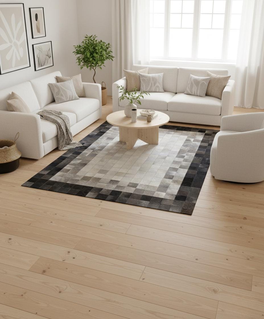 Gri Patchwork Dana Derisi Halı – Modern Geometrik Tasarım, El Yapımı Hakiki Deri Halı